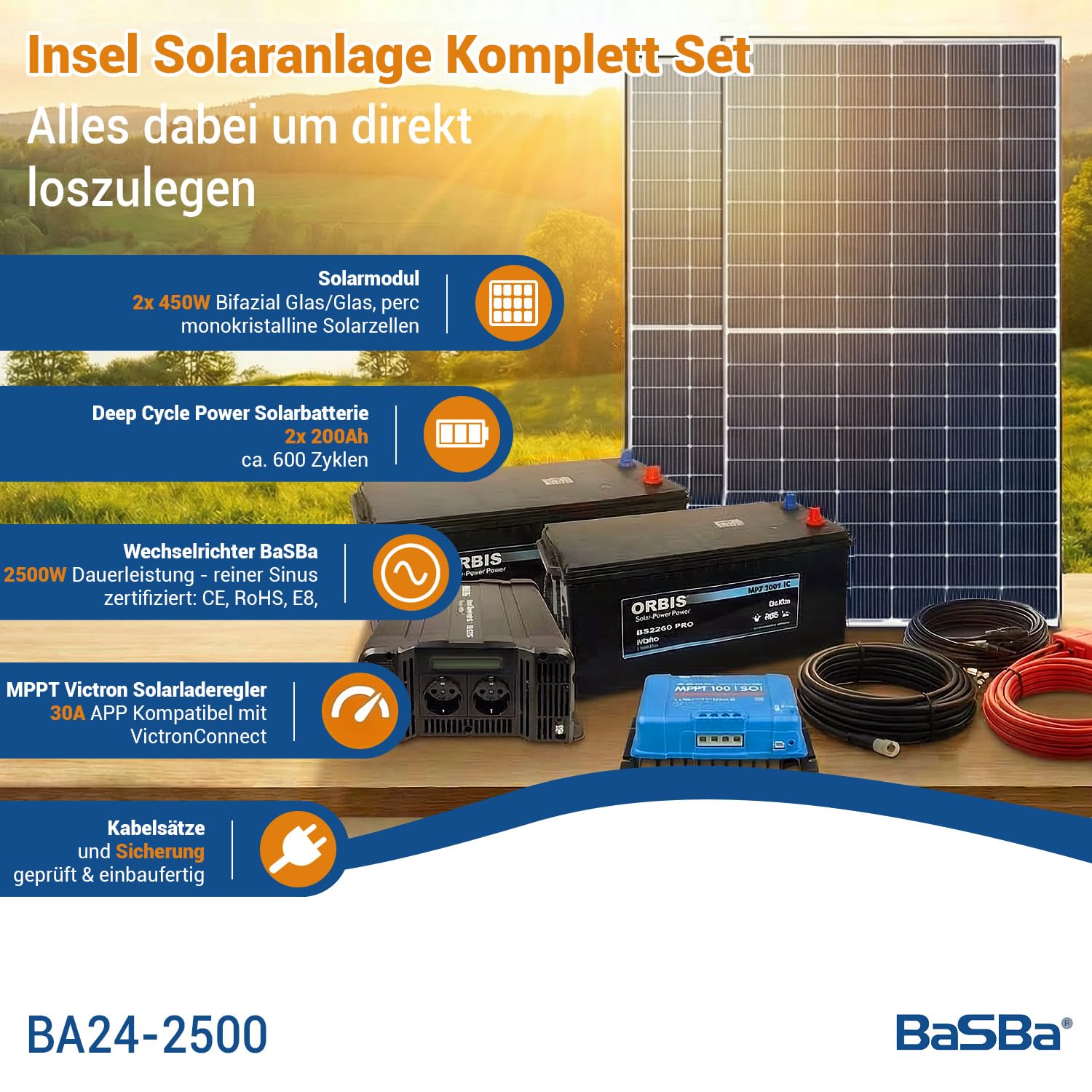 Insel Solaranlage 2500W 24V/230V Komplettset Plug & Play mit 900WP PV-Modulen, 400Ah Batterie, Wechselrichter, netzunabhängig, Garten, Tinyhaus, Wohnmobil | BaSBa BA24-2500