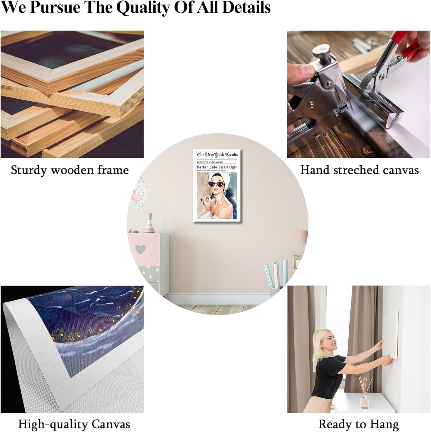 CXVU Better Late Than Ugly Wall Art Canvas Wraped Framed, Funky Newspaper New York Trends Trendy Wall Art for Girly Room Decor Ready to Hang 12''x18''