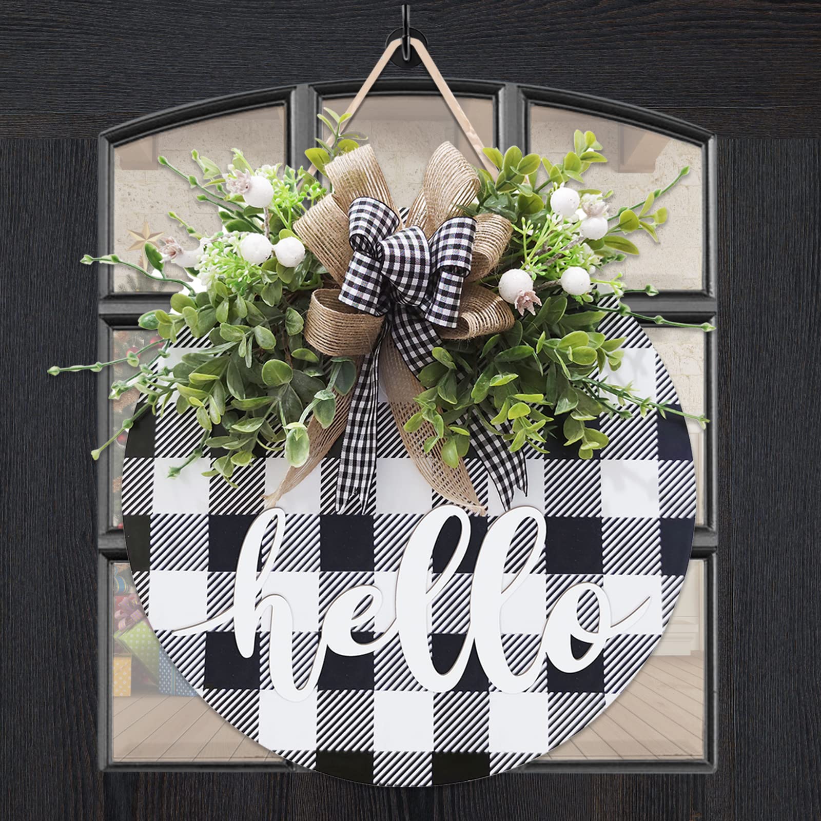 VofulySpring Summer Door Wreath for Front Door, Black and White Buffalo Plaid Check Decor,Front Door Wreath,Welcome Wooden Sign for Farmhouse Porch, Wooden Door Hanger,Kitchen decoration-12 inch