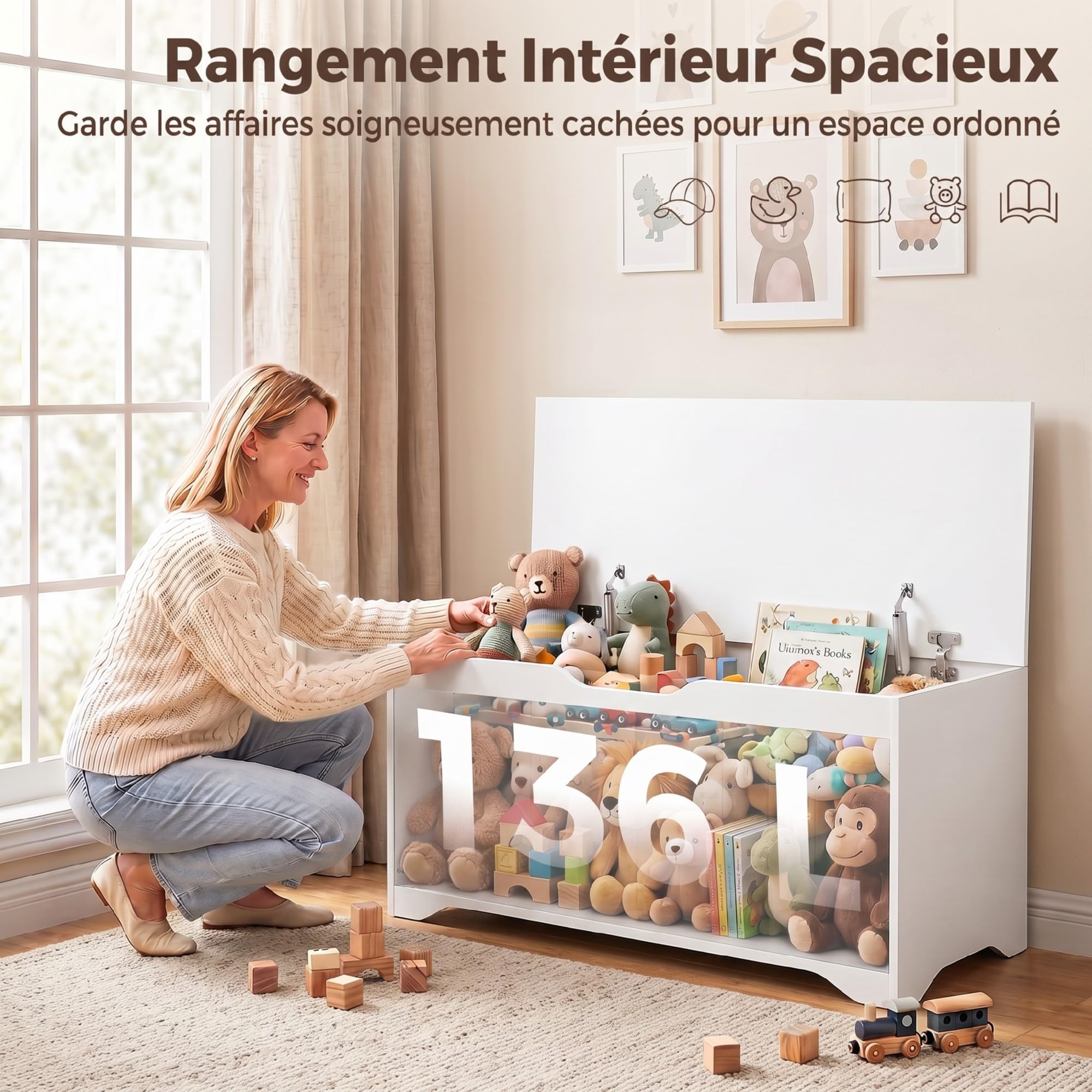 HOMCOM Coffre de Rangement 136 L Design sans Poignée 100 x 40 x 45 cm Blanc