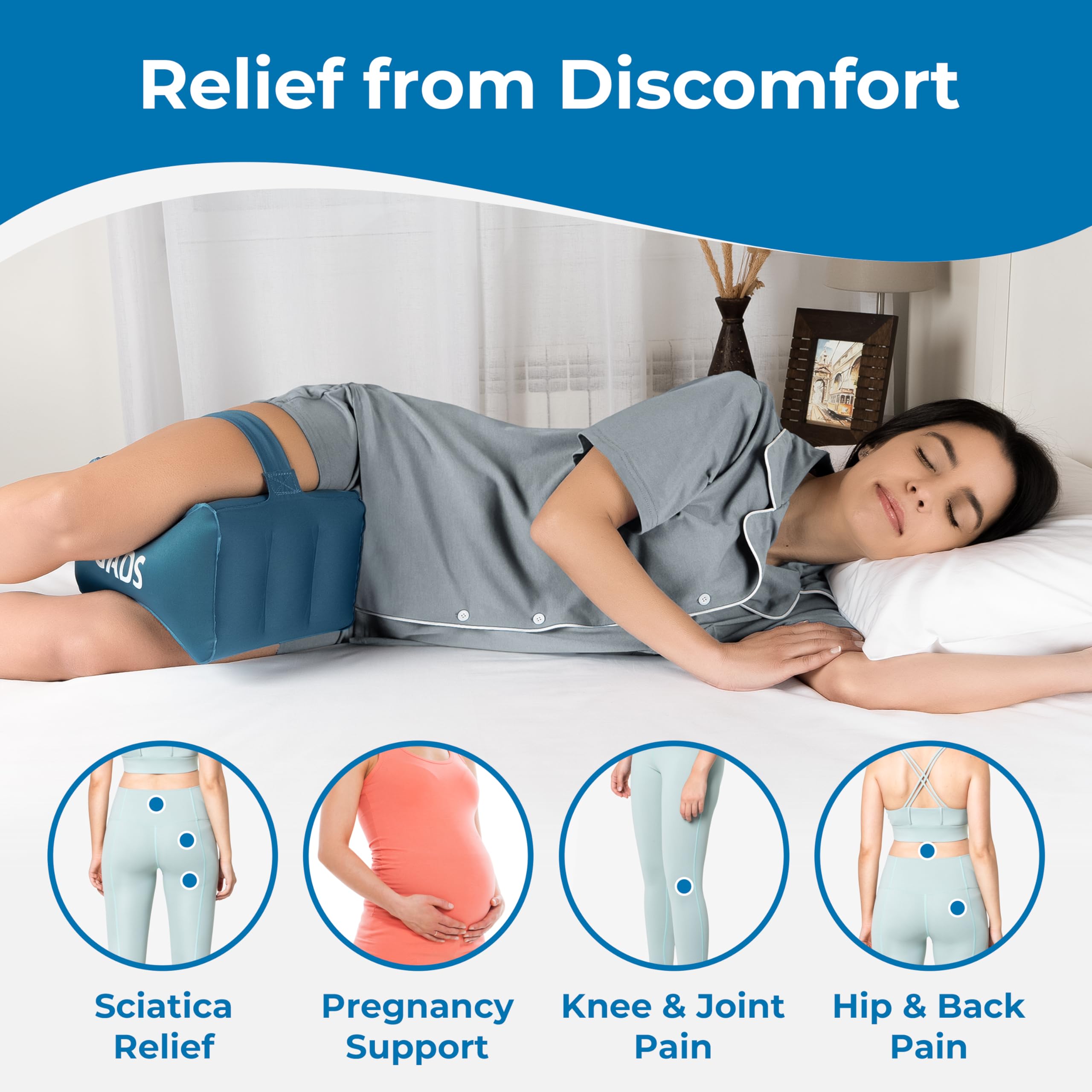 Inflatable Knee Pillow for Side Sleepers - Leg Pillow for Side Sleeping - Hip, Back and Sciatica Pain Relief Pillow - Lightweight & Portable for Travel - Blue