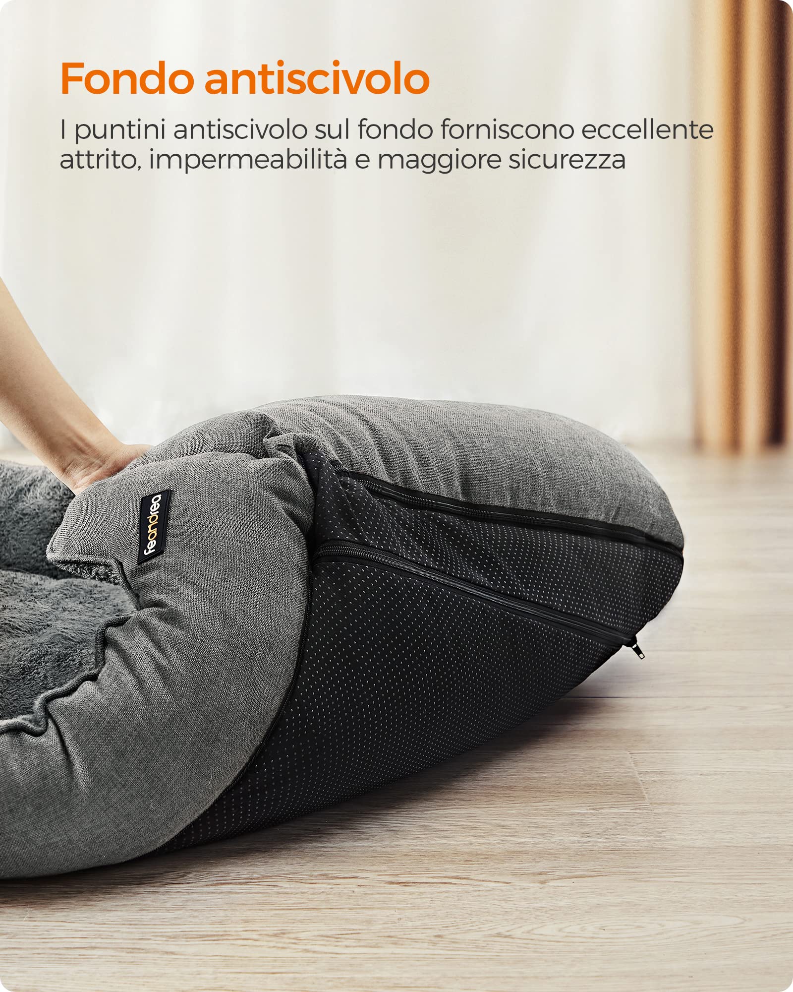 Feandrea Cuccia per Cani, Lettino per Animali in Simil Lino, Bordi Rialzati, Fondo Antiscivolo, Copertura Sfoderabile per Lavaggio, Taglia L per Cane Medio, 90 x 75 x 25 cm, Grigio Chiaro PGW11GG