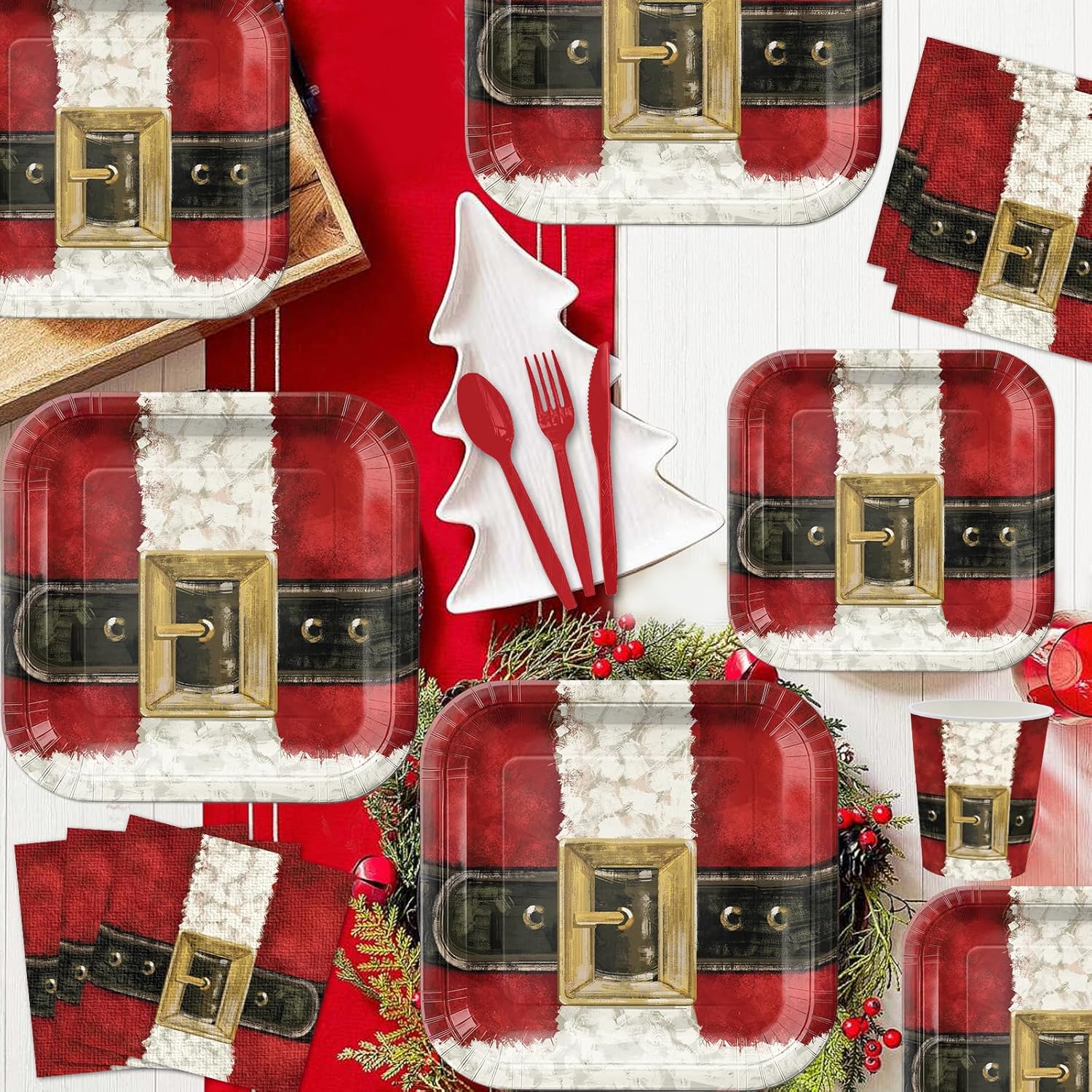 168PCS Christmas Party Supplies Red Santa Belt Party Decorations Winter Santa Claus Suit Paper Plates Napkins Forks for Xmas Holiday Birthday Baby Shower Home New Year Party Decor Serves 24 - Image 3