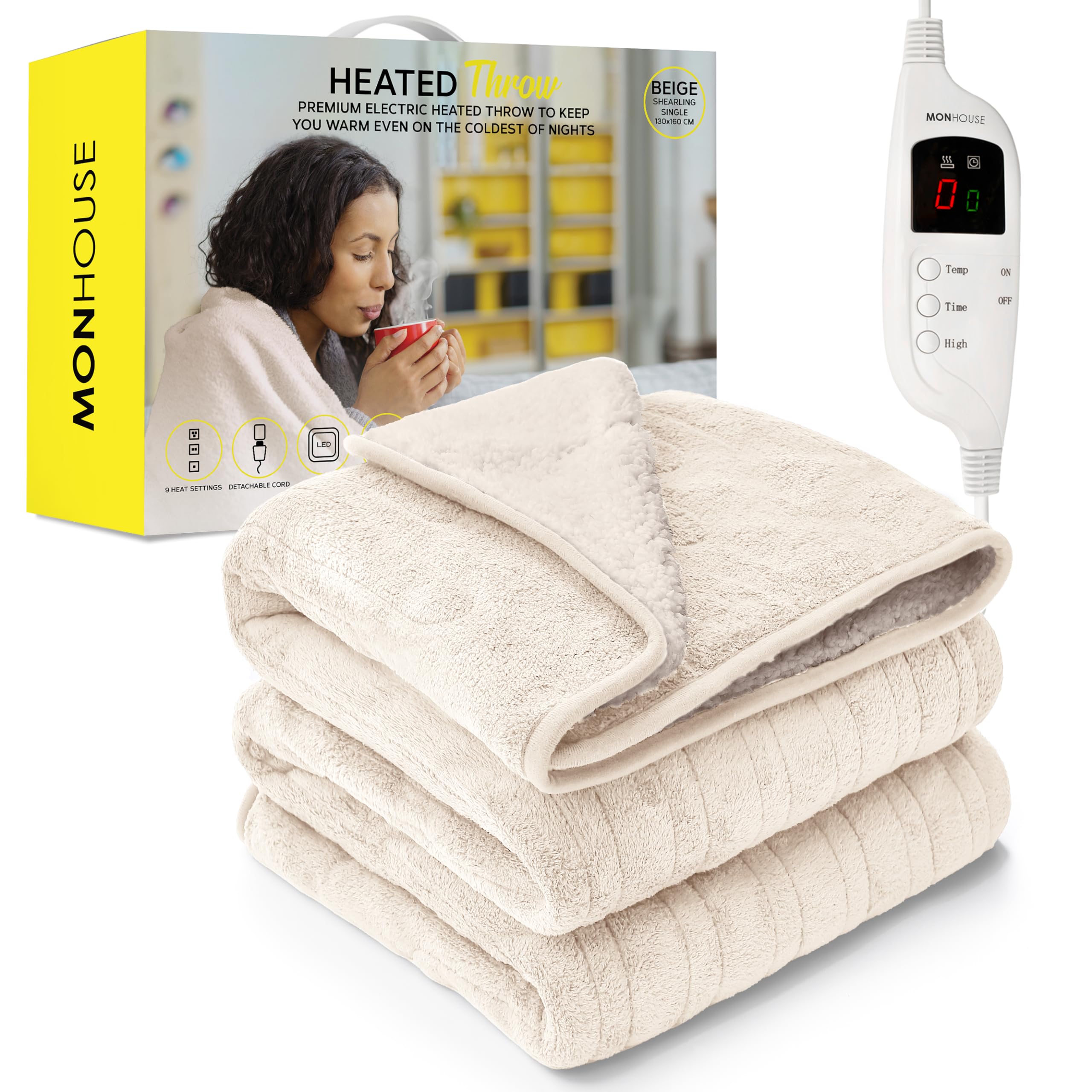 MONHOUSE Coperta Riscaldata - Coperta Elettrica - Controller Digitale - Timer Fino a 9 Ore, 9 Impostazioni di Calore, Spegnimento Automatico - Singolo 130X160 cm - Beige Shearling
