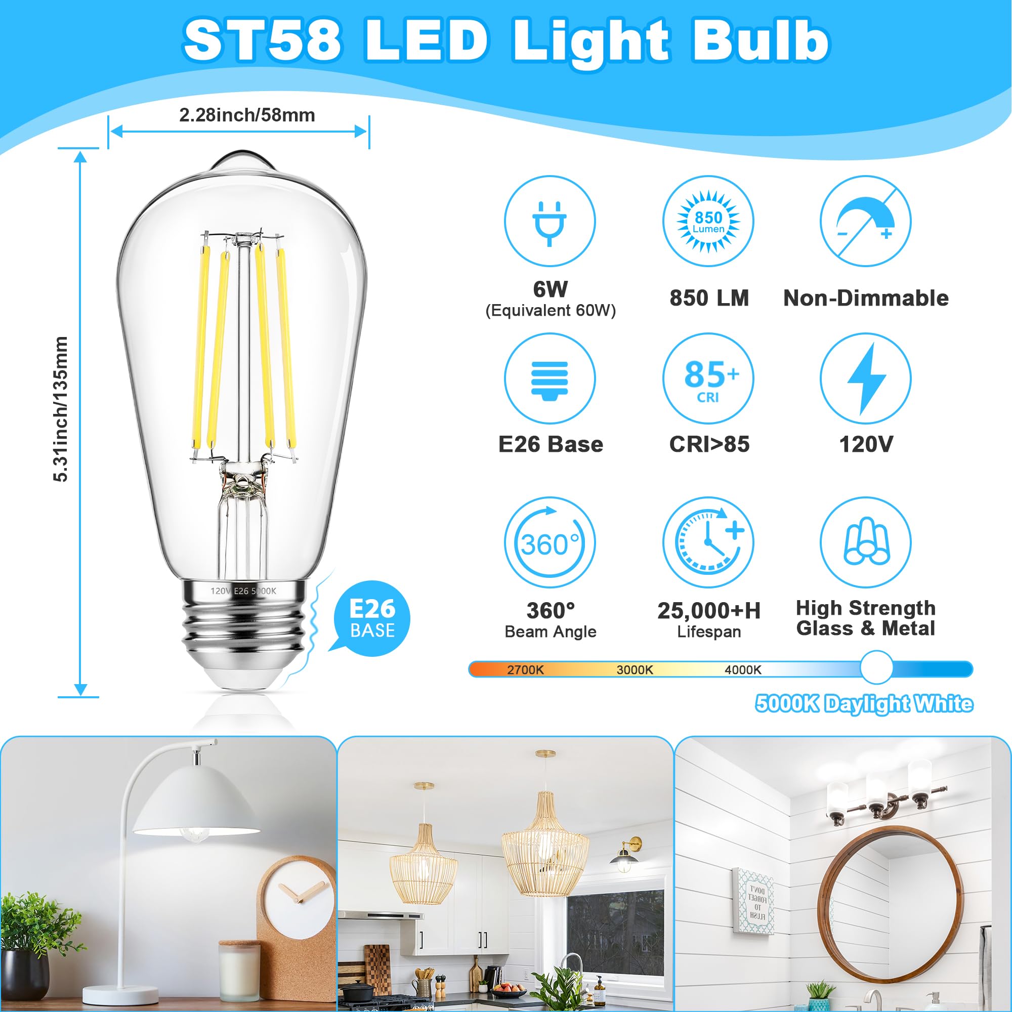 4-Pack Vintage Edison LED Bulbs 60W Equivalent 850LM 6W Edison Light Bulb Daylight White 5000K ST58 LED Filament — view 2