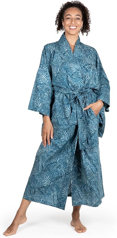 Bata artesanal larga de algodón azul | Batik artesanal | Ropa de dormir informal de cuello en V | Ropa de salón | Albornoz de punto | Cierre de corbata con cinturón | Patrón de buceo | Indonesia Leaf Tree Blue Forest