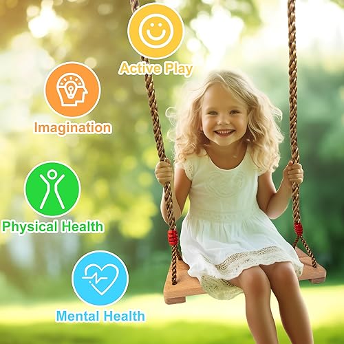 Miniatura 5 de Columpio de árbol, asiento de columpio de haya para niños y adultos con carga de 300 libras, accesorios de columpio de madera con cuerda de nailon