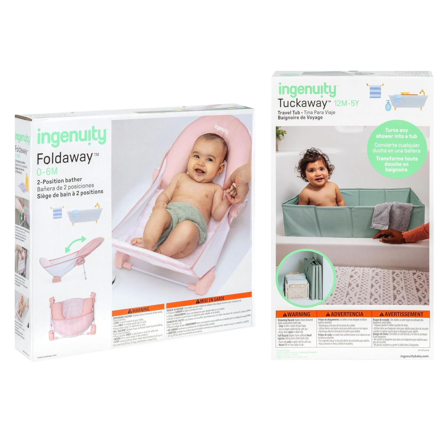 Ingenuity Tuckaway Toddler Folding Tub & Foldaway 2-Position Baby Bath Seat, Portable Bathtub for Travel, Adjustable Support for Sink or Shower, Easy to Clean, Ages 0-5 Years