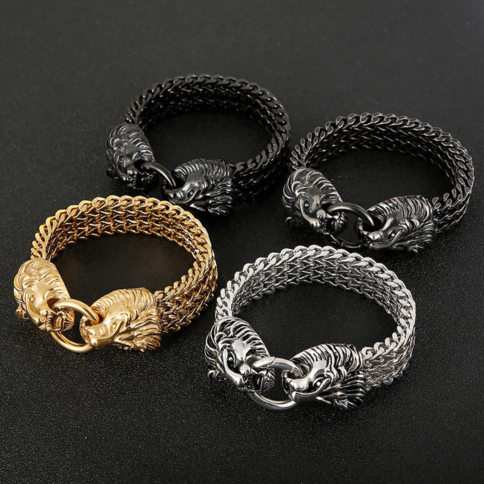 Brazalete Hombre Negro, Pulseras Hombre Acero Inoxidable Punk Calavera Cabeza de León Cabeza de Lobo Brazalete Hombres