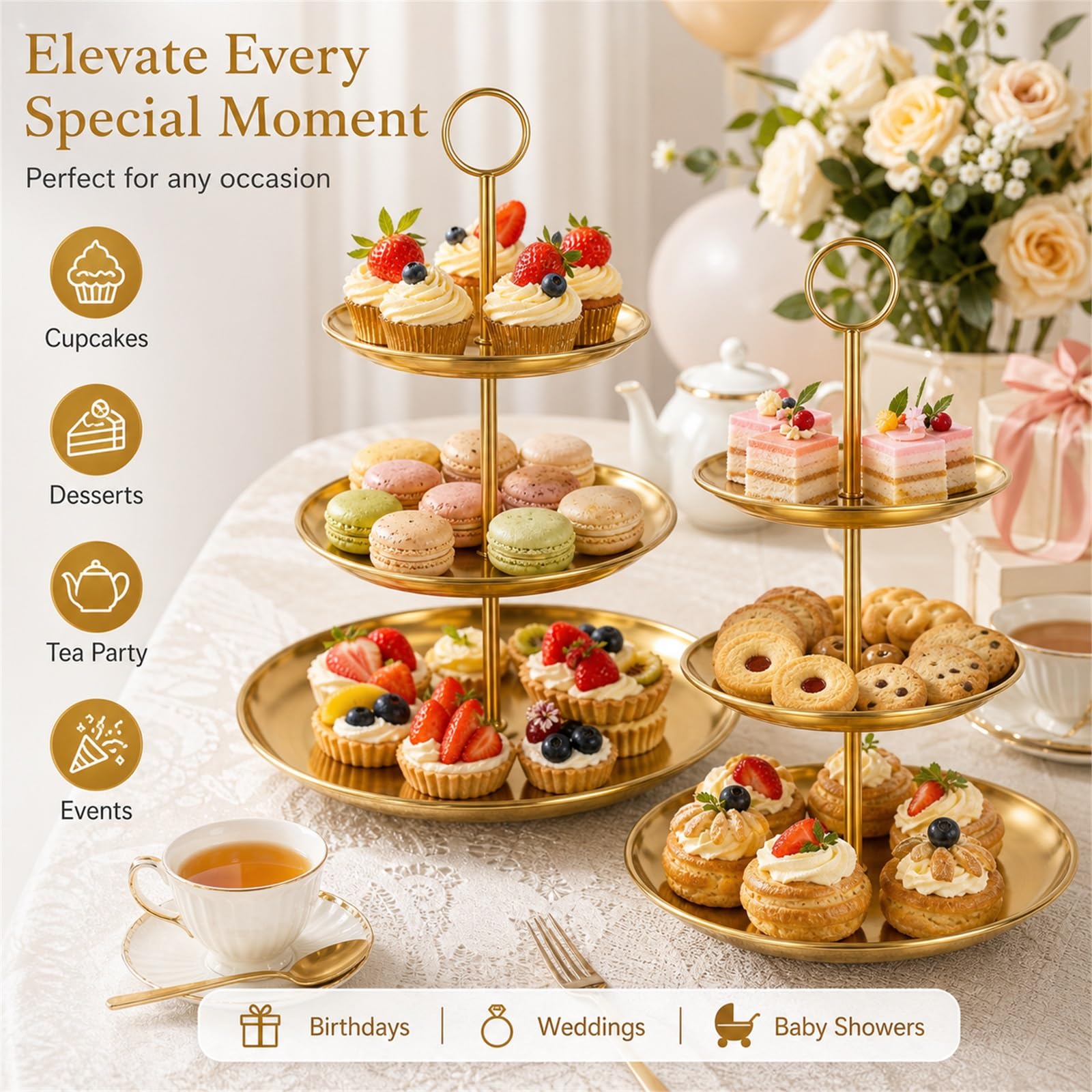 ABuff Confezione da 2 alzate per cupcake a 3 ripiani in metallo dorato, a torre per cupcake, supporto per torte, pasticceria, dessert, per baby shower, feste di compleanno, matrimoni (acciaio