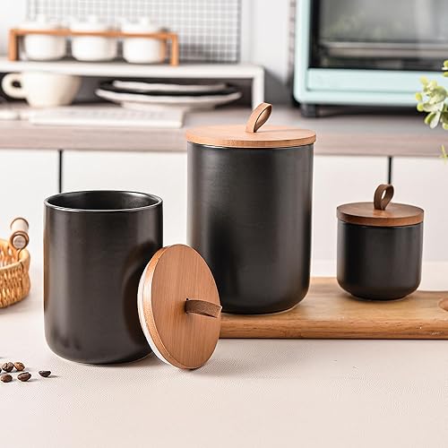 Miniatura 6 de Juego de recipientes de cerámica negra con tapas de bambú, tarros herméticos de almacenamiento de alimentos de 3 piezas para cocina, harina, azúcar,