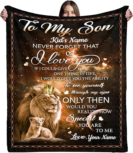 Manta personalizada de león con nombre, regalo para hijo de mamá para cumpleaños de hijo con aliento positivo y valiente, para sofá, dormitorio,