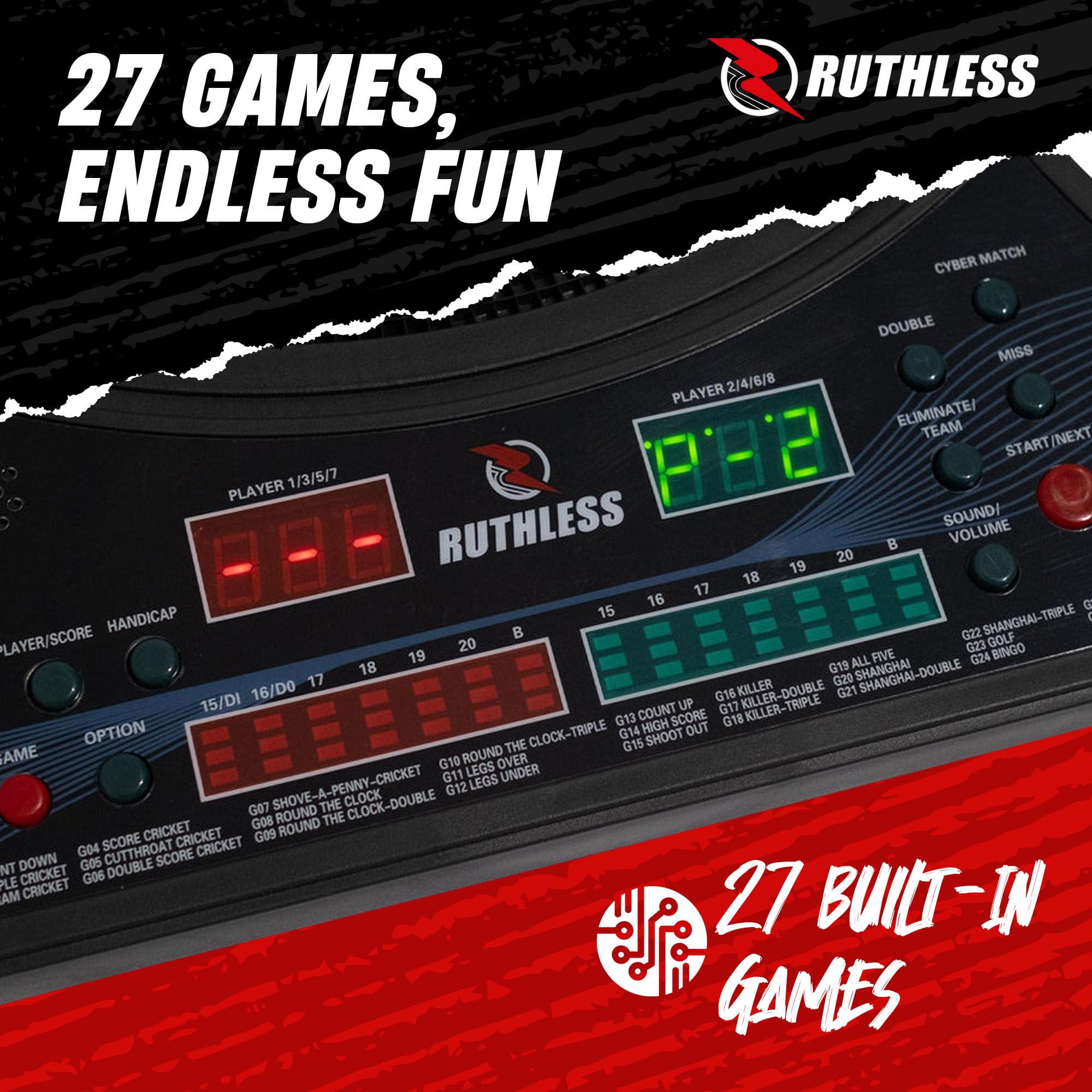 Ruthless R600 Cible de fléchettes électronique Pointe souple 4 jeux 8 joueurs 27 jeux