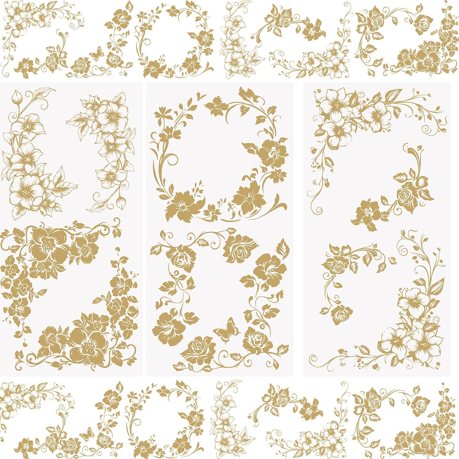 WANDIC 3 Sheets Gold Borders Flowers Rub On Transfer Stickers European Retro Scrapbook Stickers Window Stickers Waterproof Stickers for DIY Furniture Photo Albums 15x30cm