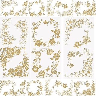WANDIC 3 Sheets Gold Border Flowers Rub On Transfer Stickers European Retro Scrapbook Stickers Window Decals Waterproof Decals for DIY Furniture Photo Albums,15 * 30cm