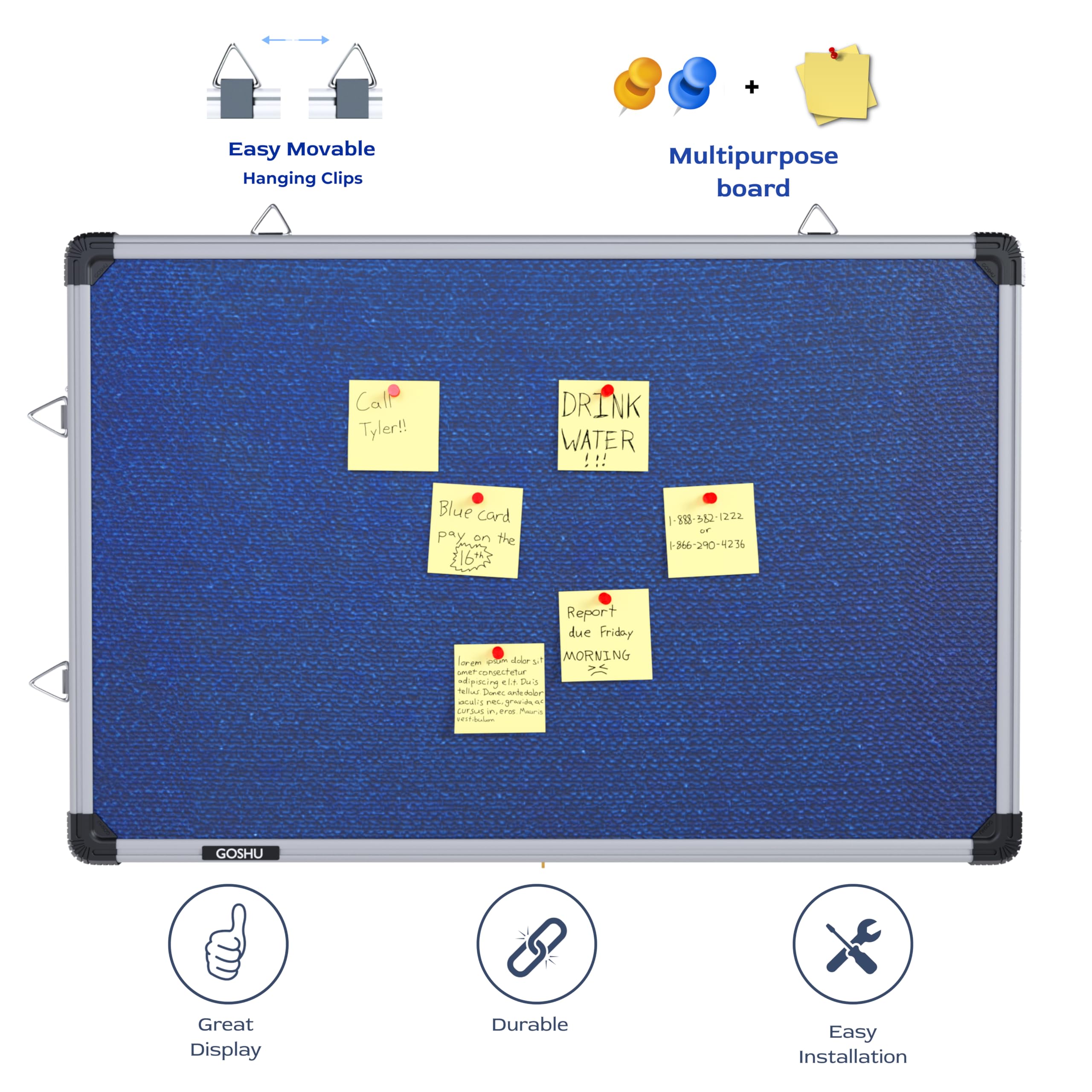 GOSHU 2 feet x3 feet Notice Premium Material Pin-up Board/Pin-up Board/Soft Board/Bulletin Board/Pin-up Display Board for Office, School and Home (2x3 feet Blue, Pack of 1) 3