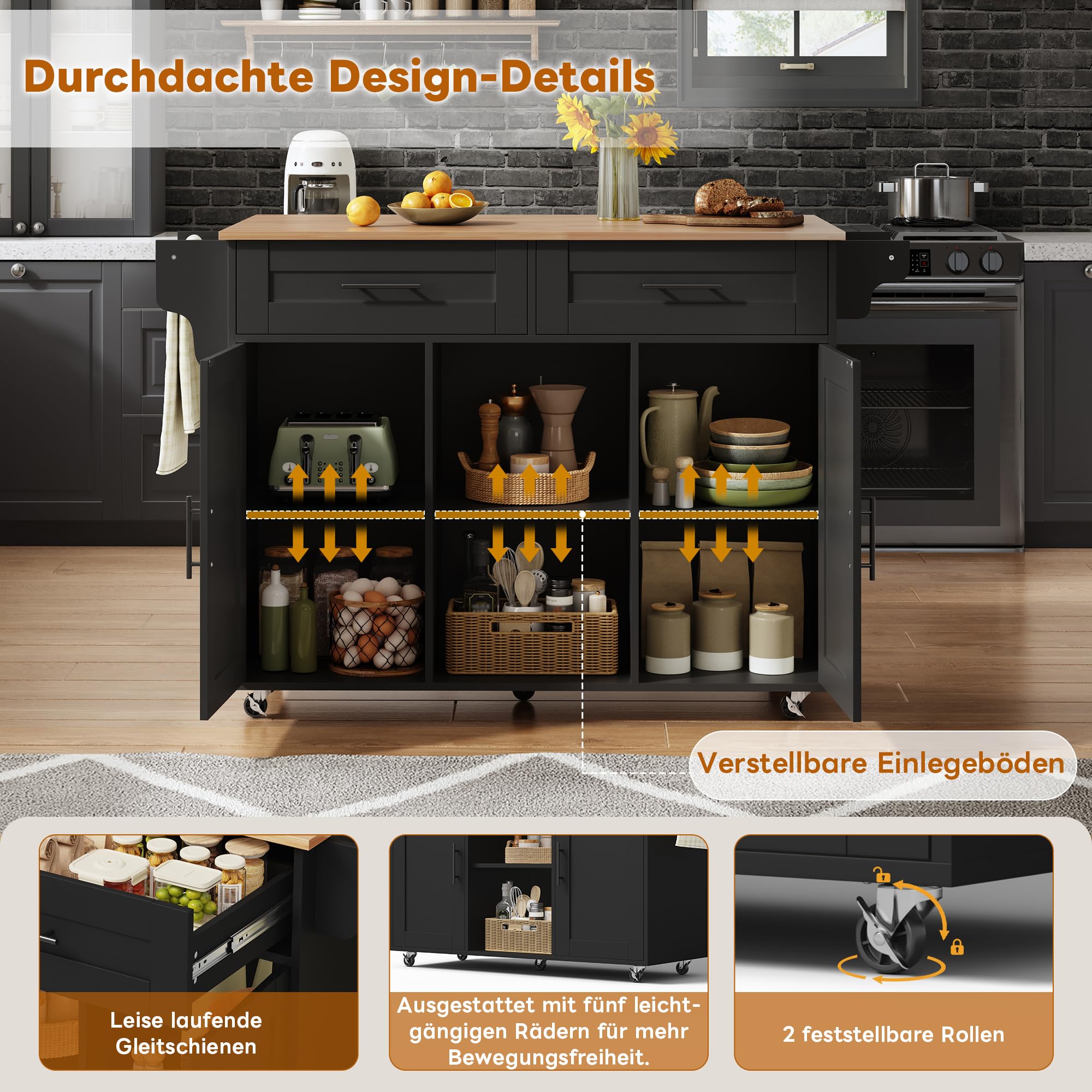 Kücheninsel mit Klappbare Arbeitsplatte 45-70 cm, Küchenschrank mit Schublade, Küchenwagen mit Rollen und Handtuchhalter