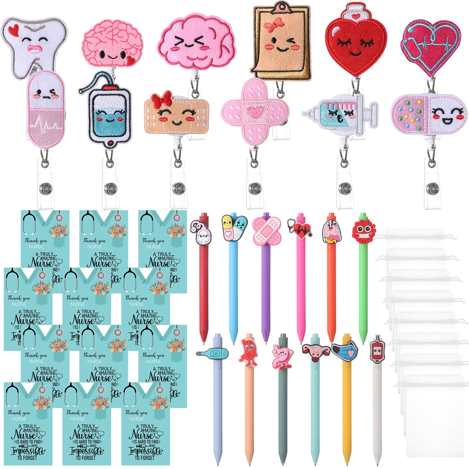 Geyoga 60 Pcs Nurses Appreciation Gifts Bulk Including Badge Holders Retractable Badge Scrolls, Appreciation Cards, Storage Bags, Soft Gel Accessories