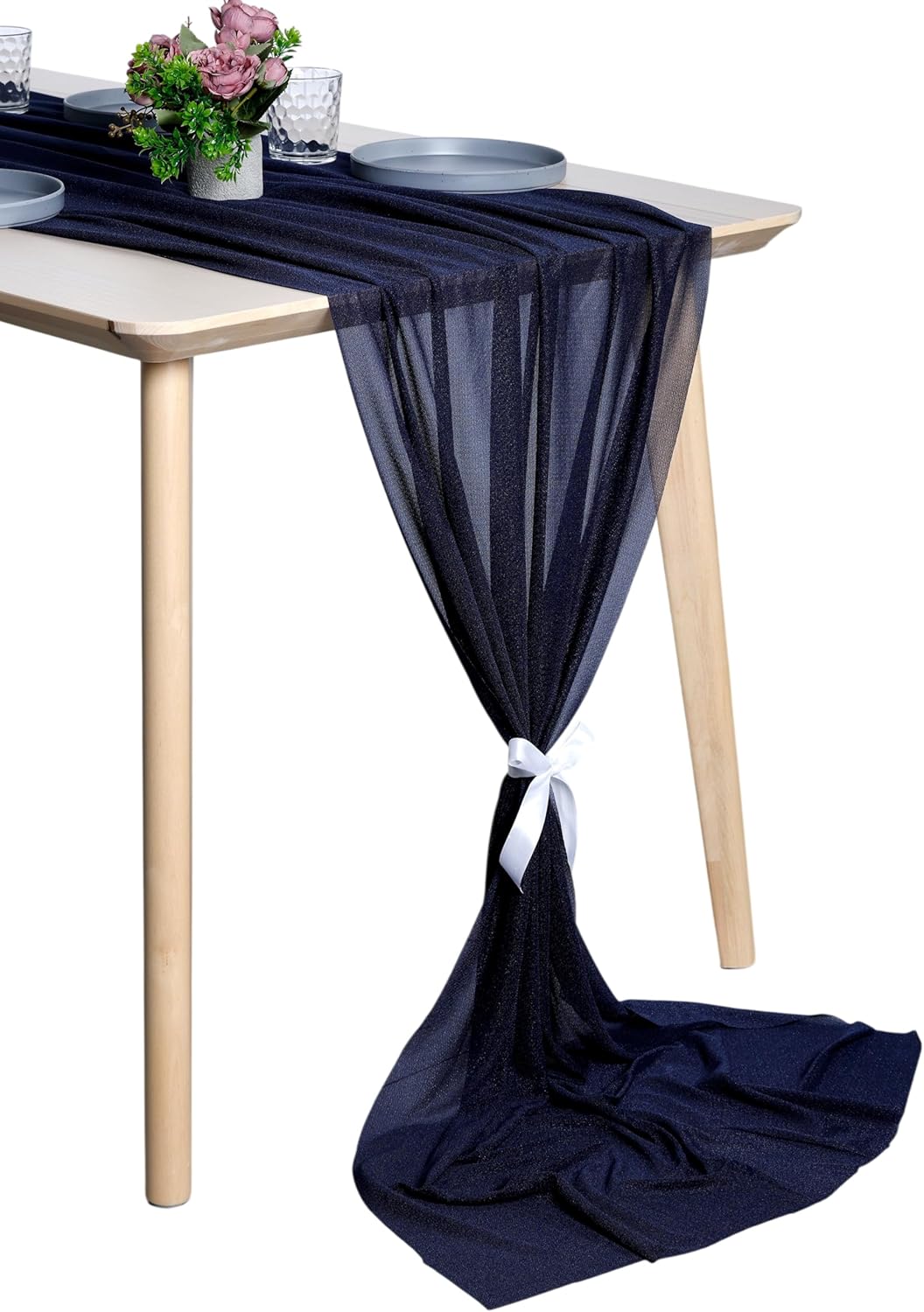 MDS 10 Pack 10ft Chiffon Table Runner 29 x120 Inches Sheer Wedding Runner Romantic Rustic Table Runner for Wedding Decorations, Birthday Parties, Bridal Shower Party Arch Decor - Navy Blue