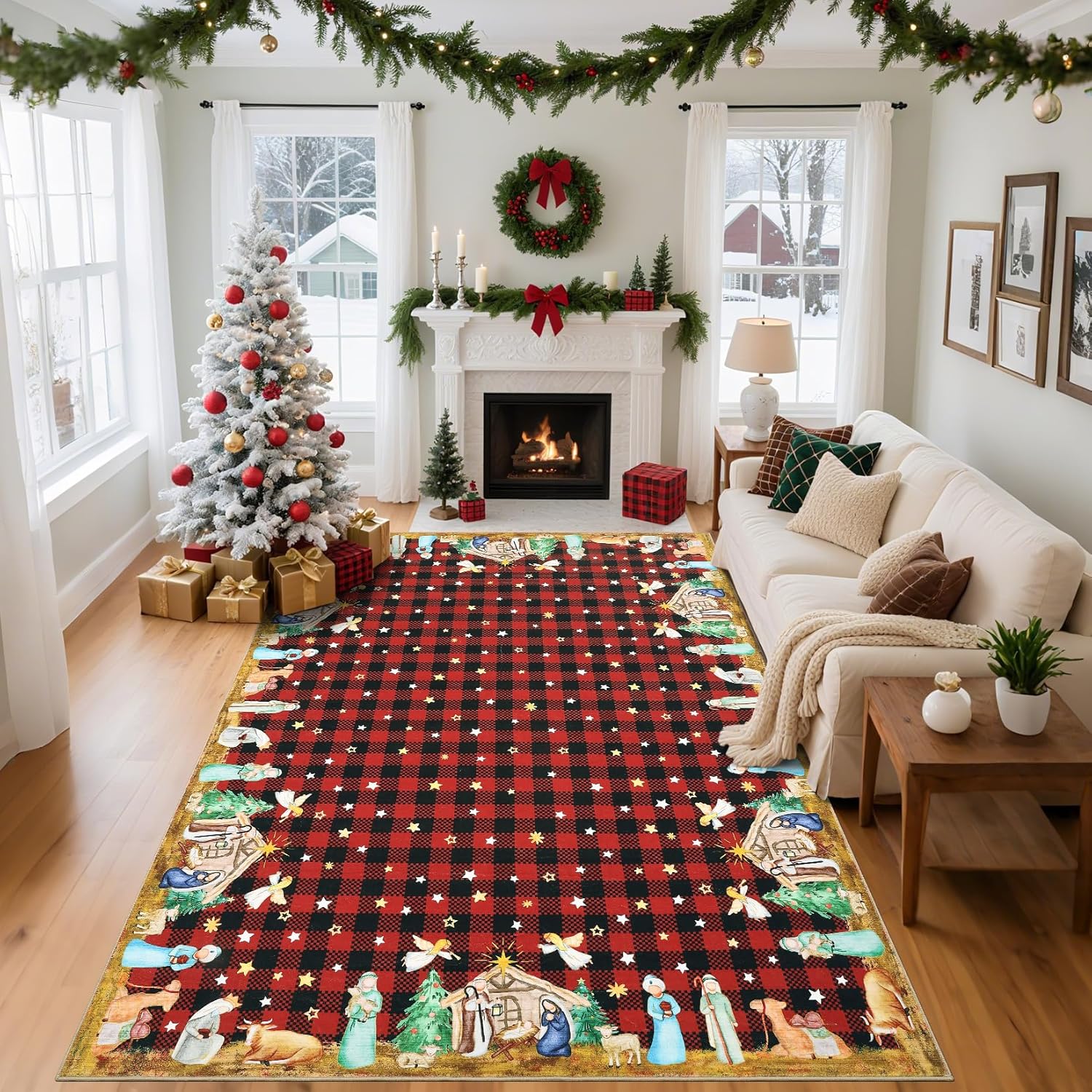 COZYLOOM Christmas Runner Rug 2x6 Red Runners for Hallways, Non Slip Washable Bathroom Rugs, Low Pile Snowman Scalloped Entryway Carpet, Soft Floor Mats for Bedside Holiday Decor