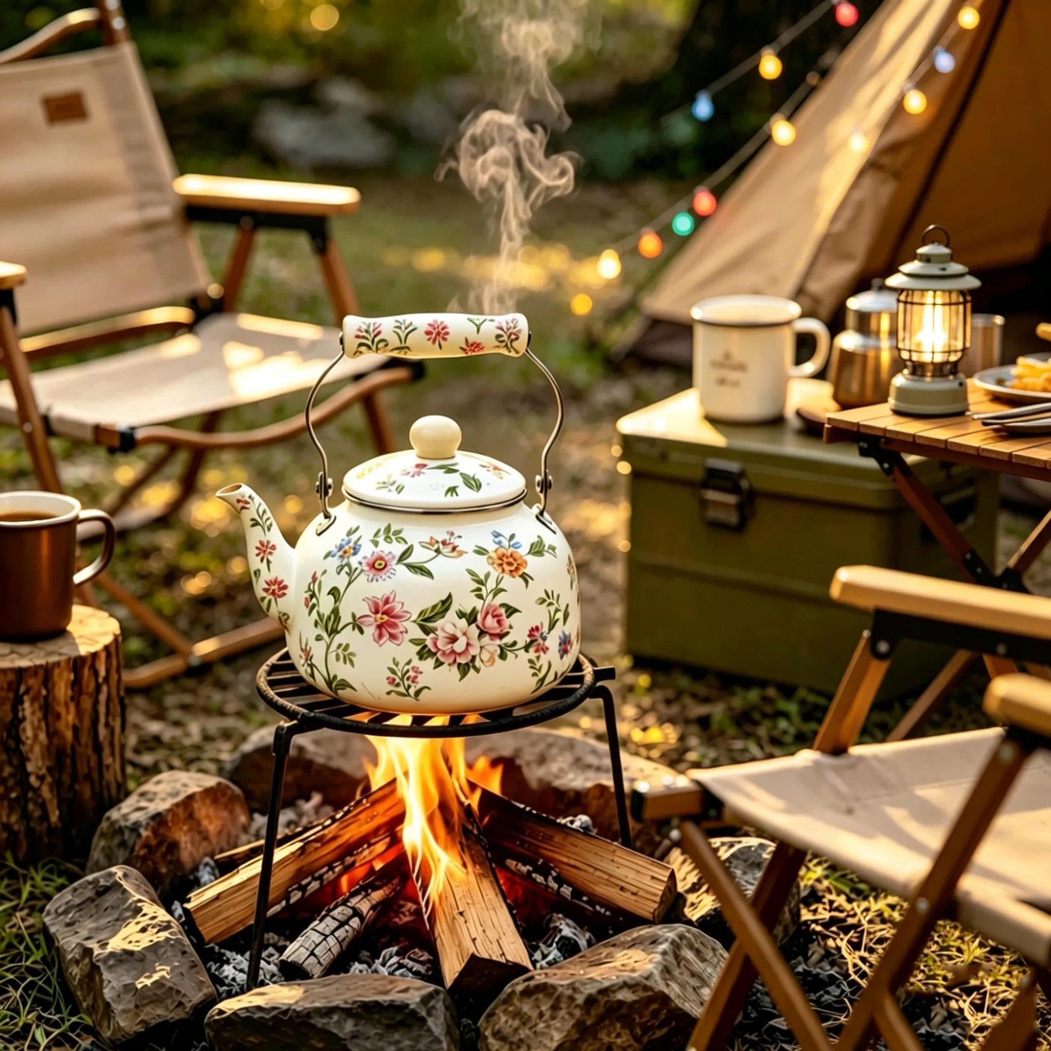 Teekessel Emaille Geschirr Kaffeekanne 2.4L Camping Wasserkessel für Induktion und Gasherd, Topf Griff aus Keramik