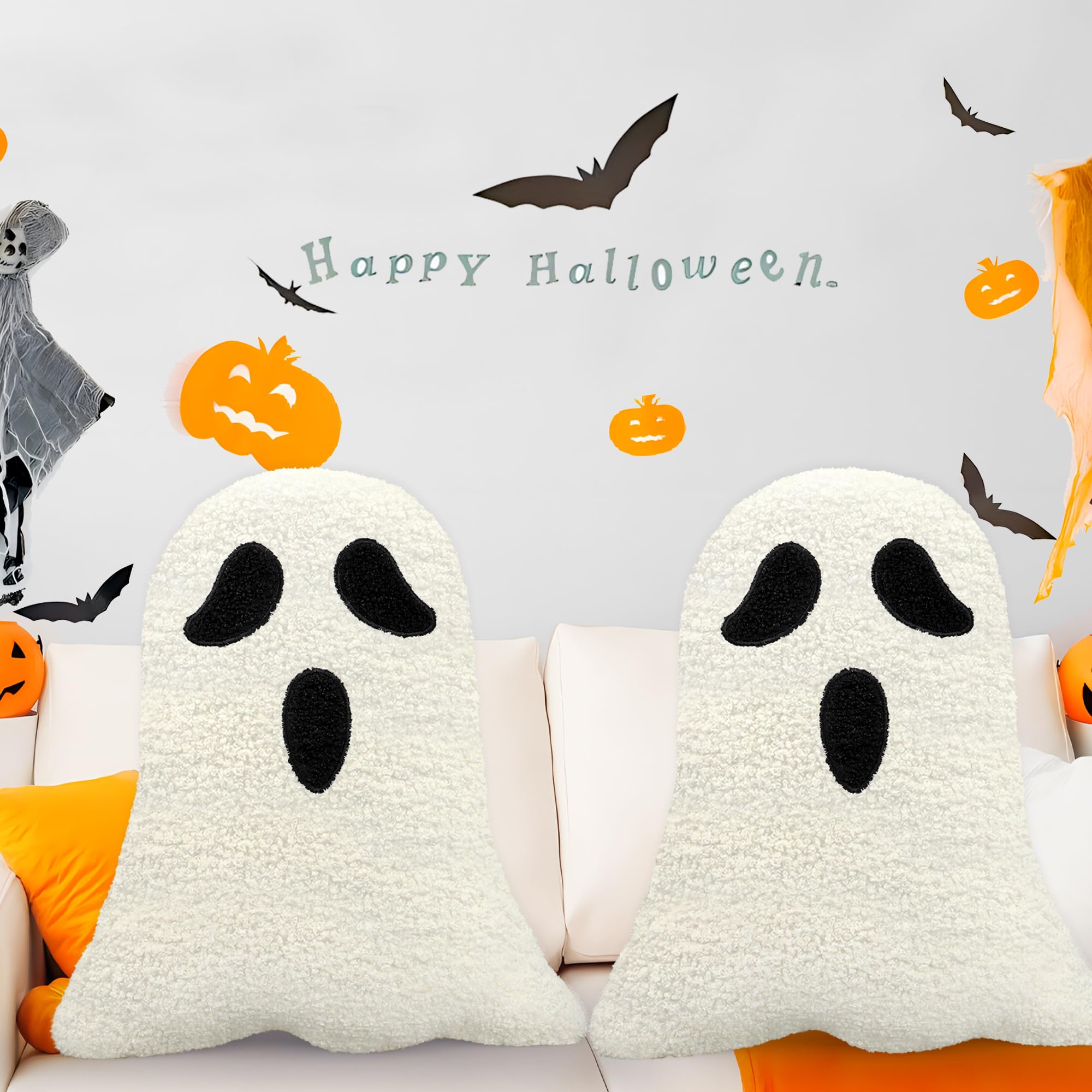 peony man Halloween Pillows Ghost Halloween Throw Pillows Stuffed Ghost Shaped Decorative Pillow Cute Ghost Plush Pillow for Halloween Party Outdoor Home Sofa Bed Couch Cushion Decor, 2 Pcs