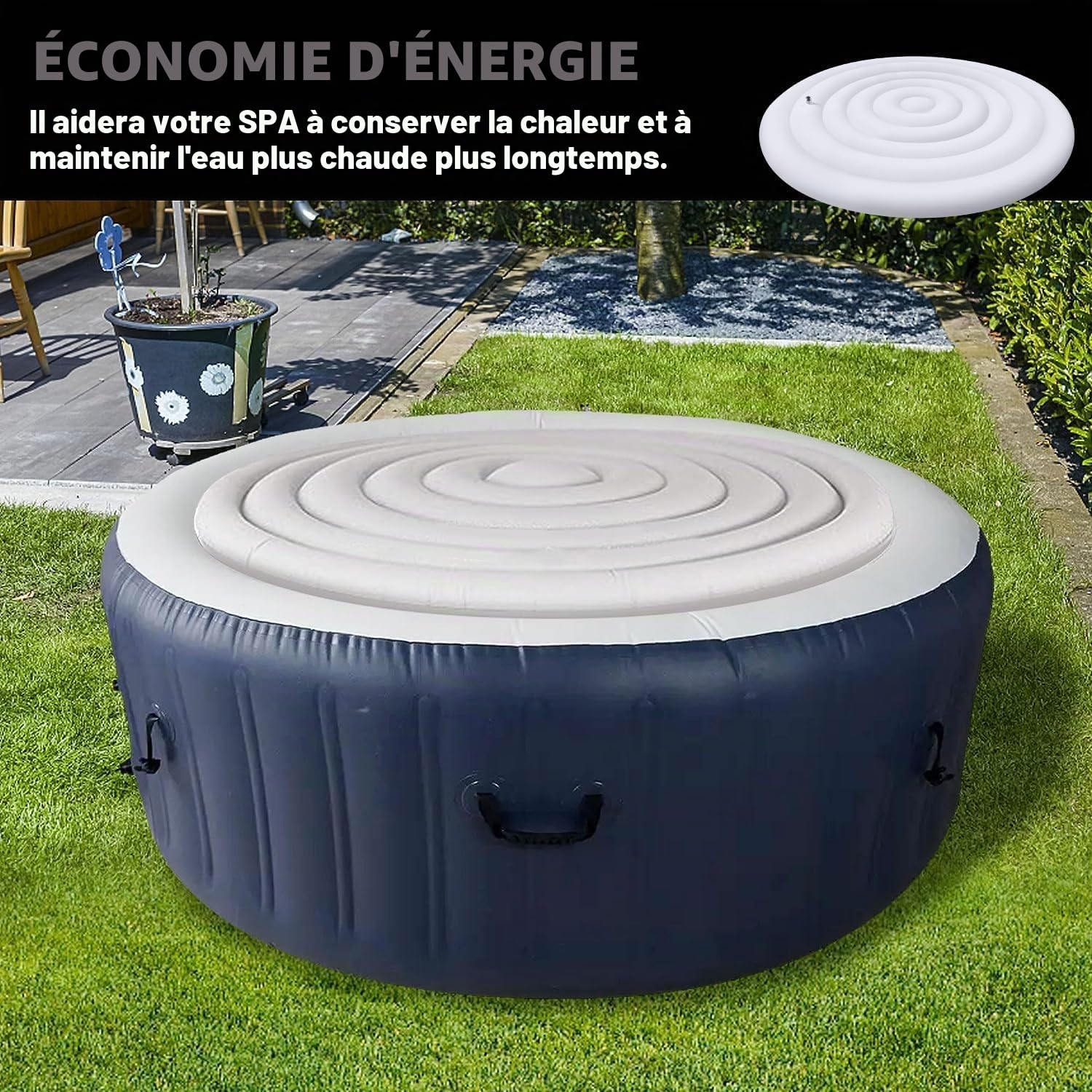 Housse de jacuzzi ronde gonflable de 1,5 m – Couvercle de spa à économie d'énergie – Couvercle de baignoire d'extérieur pour baignoire thermique isolée