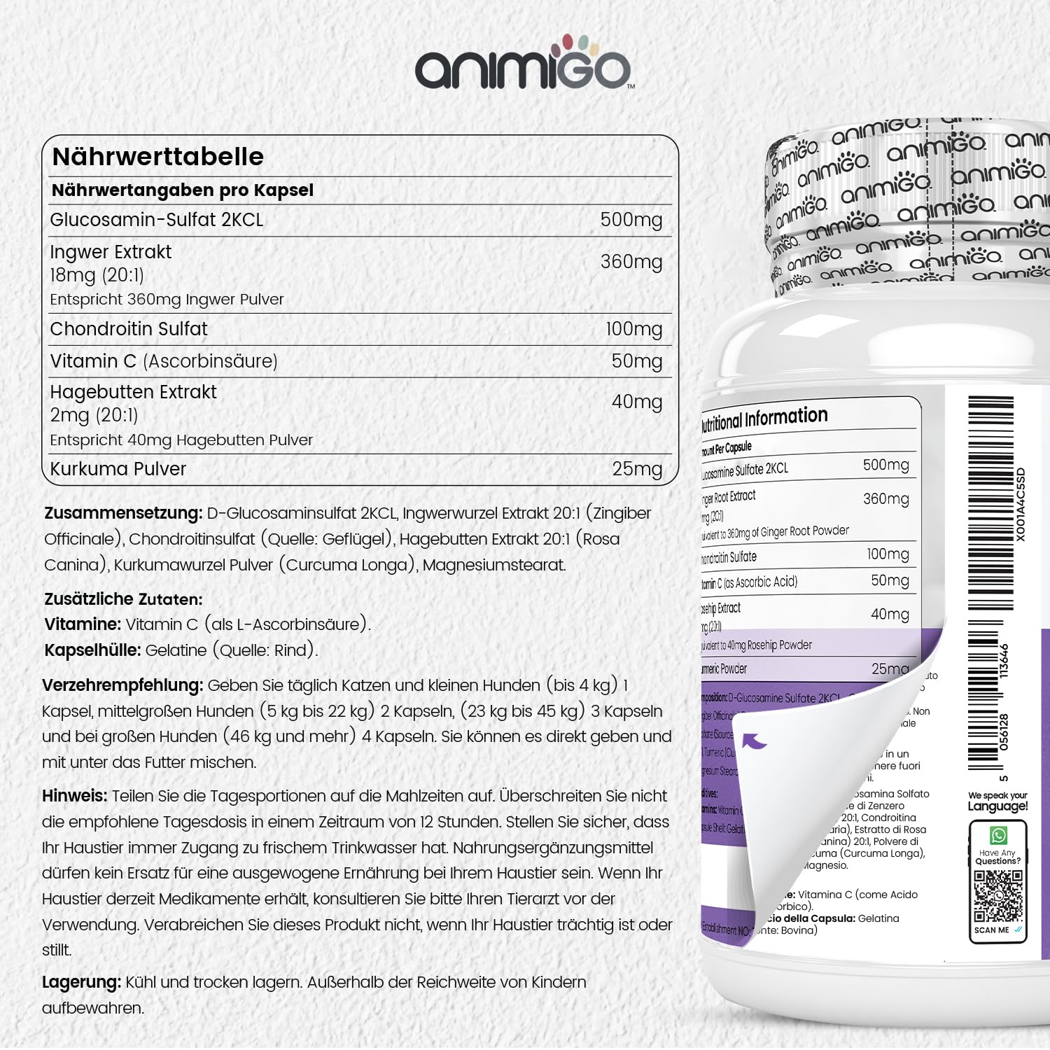 Glucosamin Chondroitin Komplex - 180 Kapseln - Knorpelaufbau, Gelenke & Knochen - Gelenkkapseln Hunde & Katzen - Mit Kurkuma, Ingwer, Vitamin C - Alternative zu Gelenktabletten, Grünlippmuschelpulver
