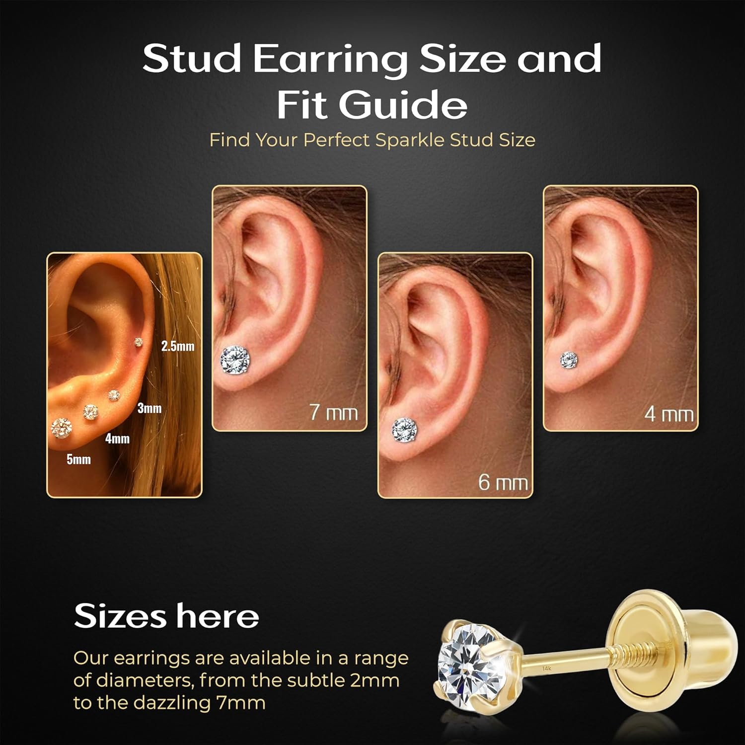 Art and Molly 14K Solitaire Gold Earring Solid 14-Karat Round Cubic Zirconia Stud Earrings with Screw-Back, CZ Studs with Gift-Ready Box - Image 2