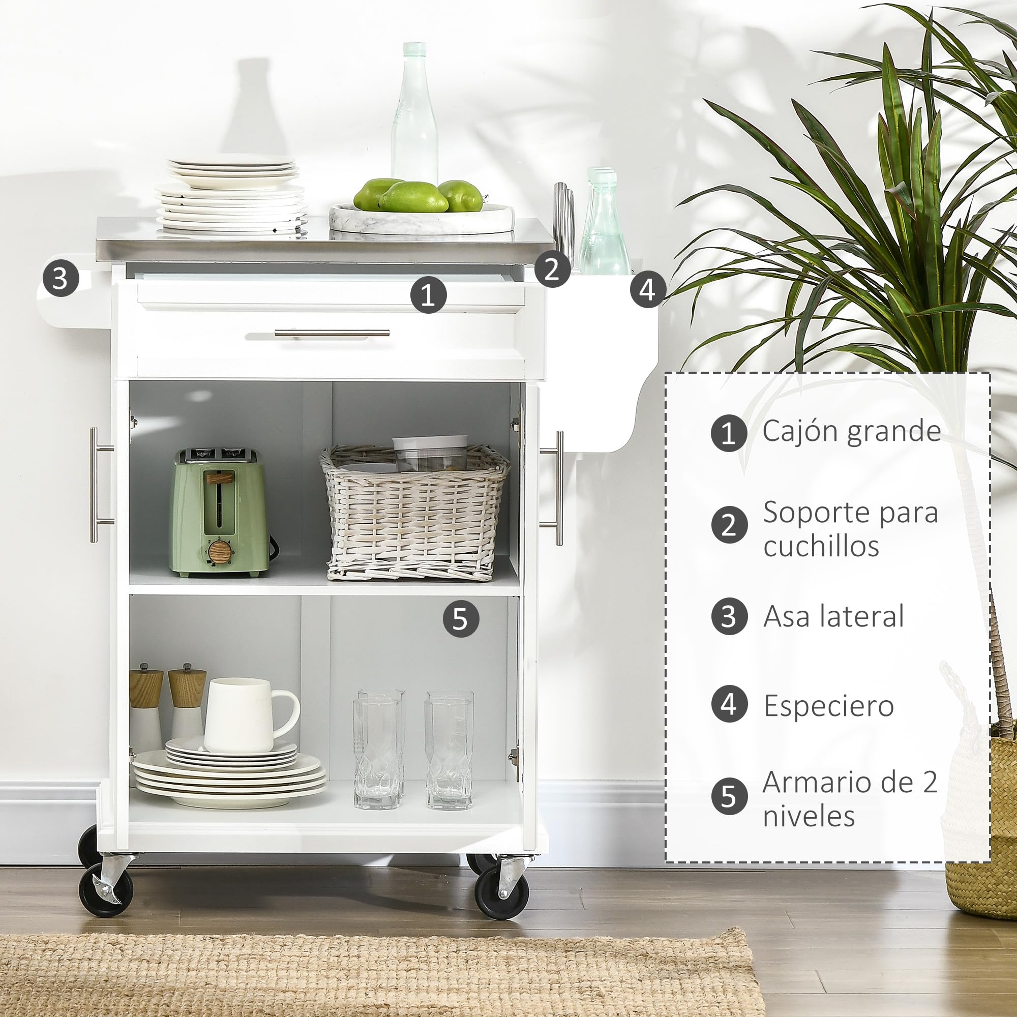 HOMCOM Isla de Cocina Mueble Auxiliar de Cocina Moderno Mueble Buffet Auxiliar con 4 Ruedas 1 Cajón 1 Toallero 1 Especiero y Estante Ajustable 83,5x45,7x90,5 cm Blanco