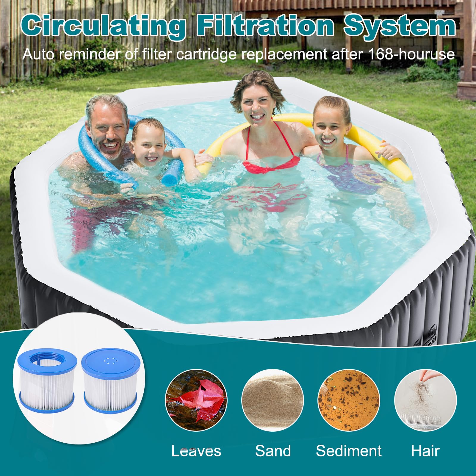 Inflable Tubo caliente 2-4 personas Ø 180 x 63.5 cm 2400W Bañera Inflable Tub con Bocas de aire, Tapa Aislada, Alfombra y Bomba De Calefacción Interior Exterior Spa Piscina Círculo (Negro
