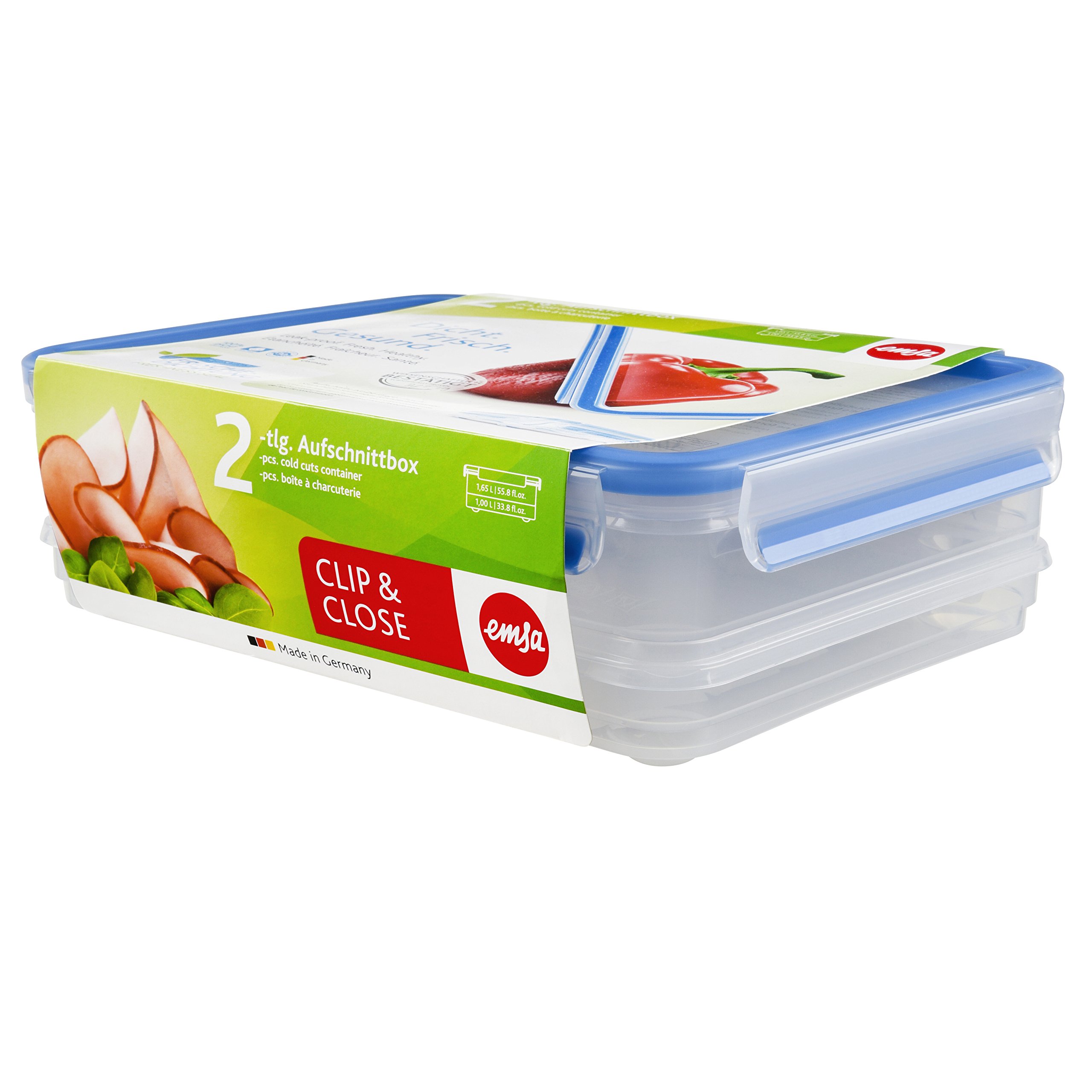 EMSA508557 Clip & Close stacking box, 26.5 x 19.4 x 8.6 cm 1.0; 1.65 l, transparent/blue