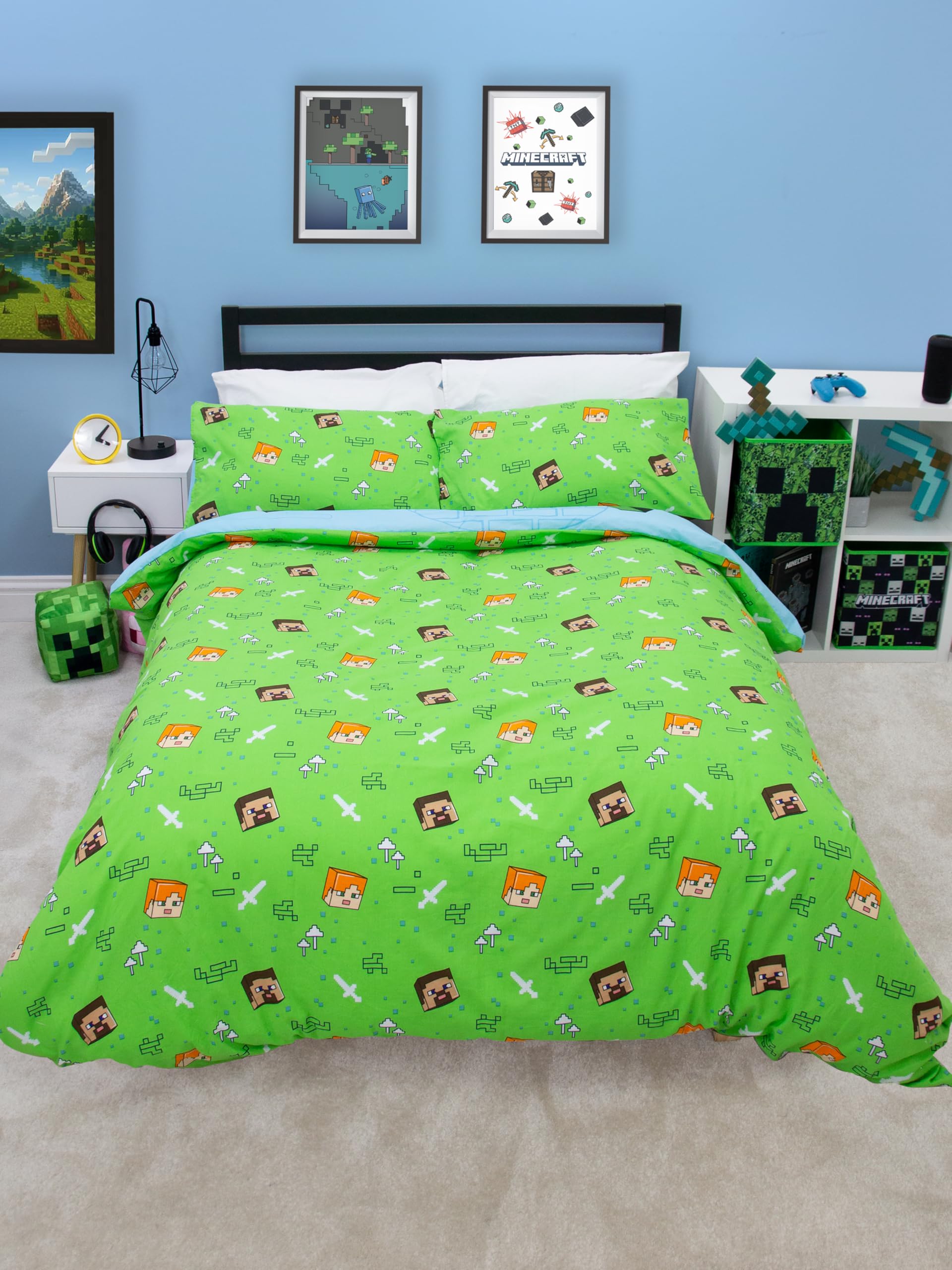 Character World Minecraft - Set copripiumino matrimoniale ufficiale | Design a quadri a blocchi reversibile su 2 lati, con federe abbinate, set per letto matrimoniale