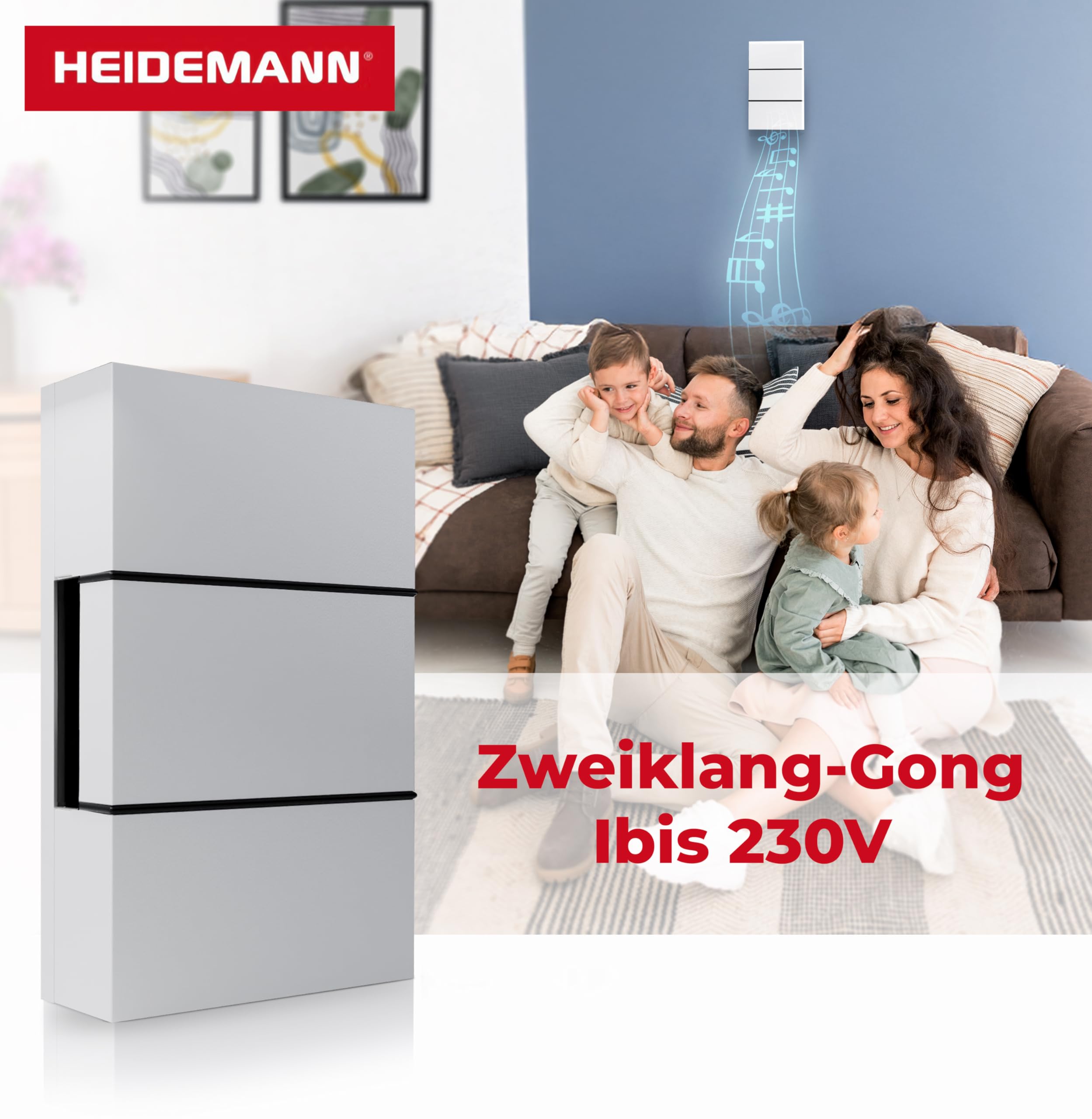 Heidemann Zweiklang-Gong Ibis 230 V (Empfänger, Lautstärke 82 dB, Farbe reinweiß, Türklingel, Gong, Funkklingel) 70011
