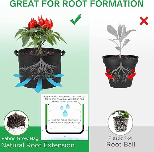 Miniatura 4 de LotFancy Bolsas de cultivo de 10 galones, paquete de 5, macetas de tela de aireación no tejida gruesa con asas reforzadas, contenedores de