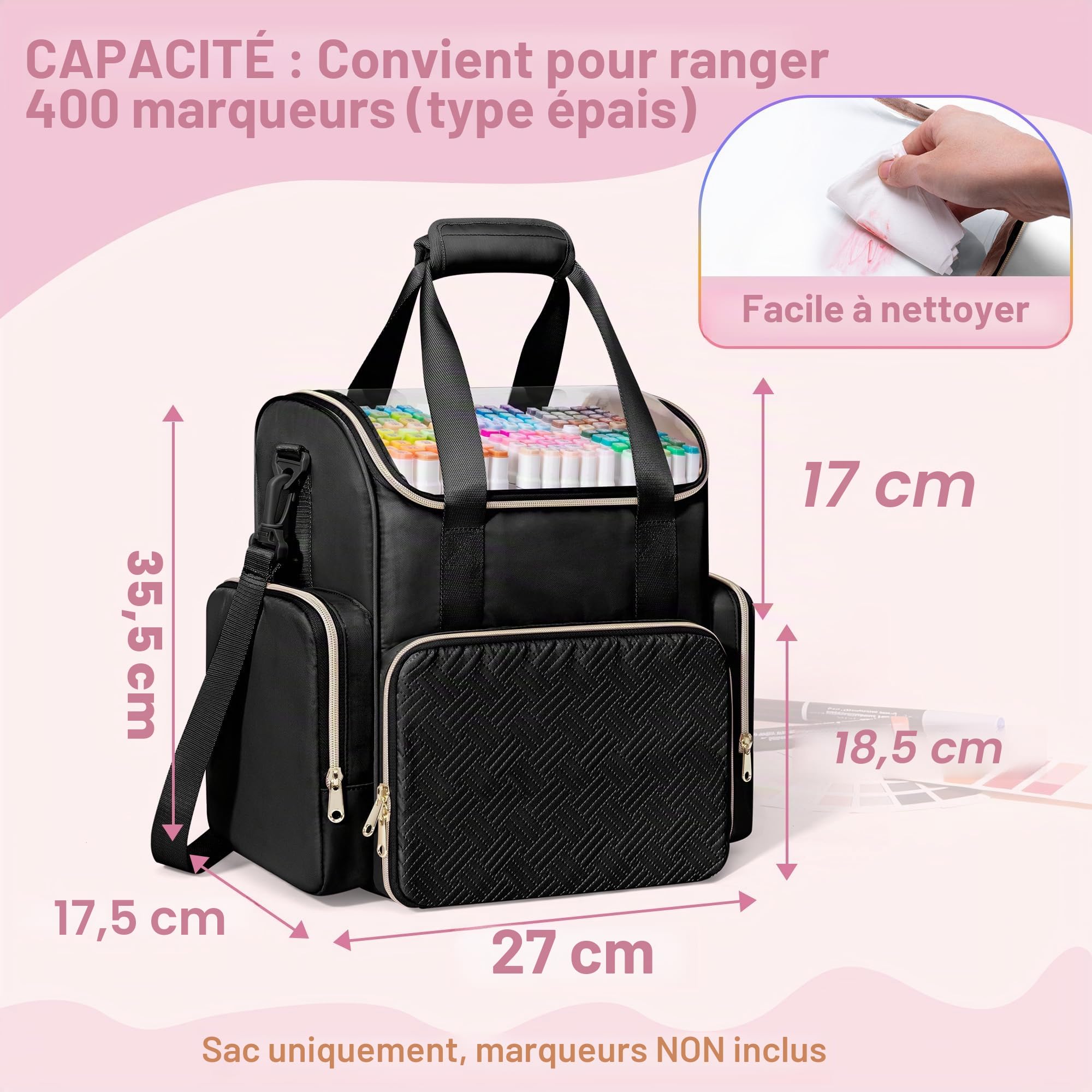 Rexmica Double Couche Sac de Rangement pour 400 Marqueurs, Grand Étui de Rangement pour Feutre à Alcool avec Séparateurs et Multiples Poches pour Stylos, Livres ou Autres Fournitures de Peinture, Noir
