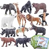 SIENON 12pcs Wild Animals Figure Toys with Cards, Plastic Realistic Zoo Jungle Safari Figurines with Elephant Lion Giraffe Bear Gorilla Hippo for Kids Educational Learning Party Favors Cake Decoration
