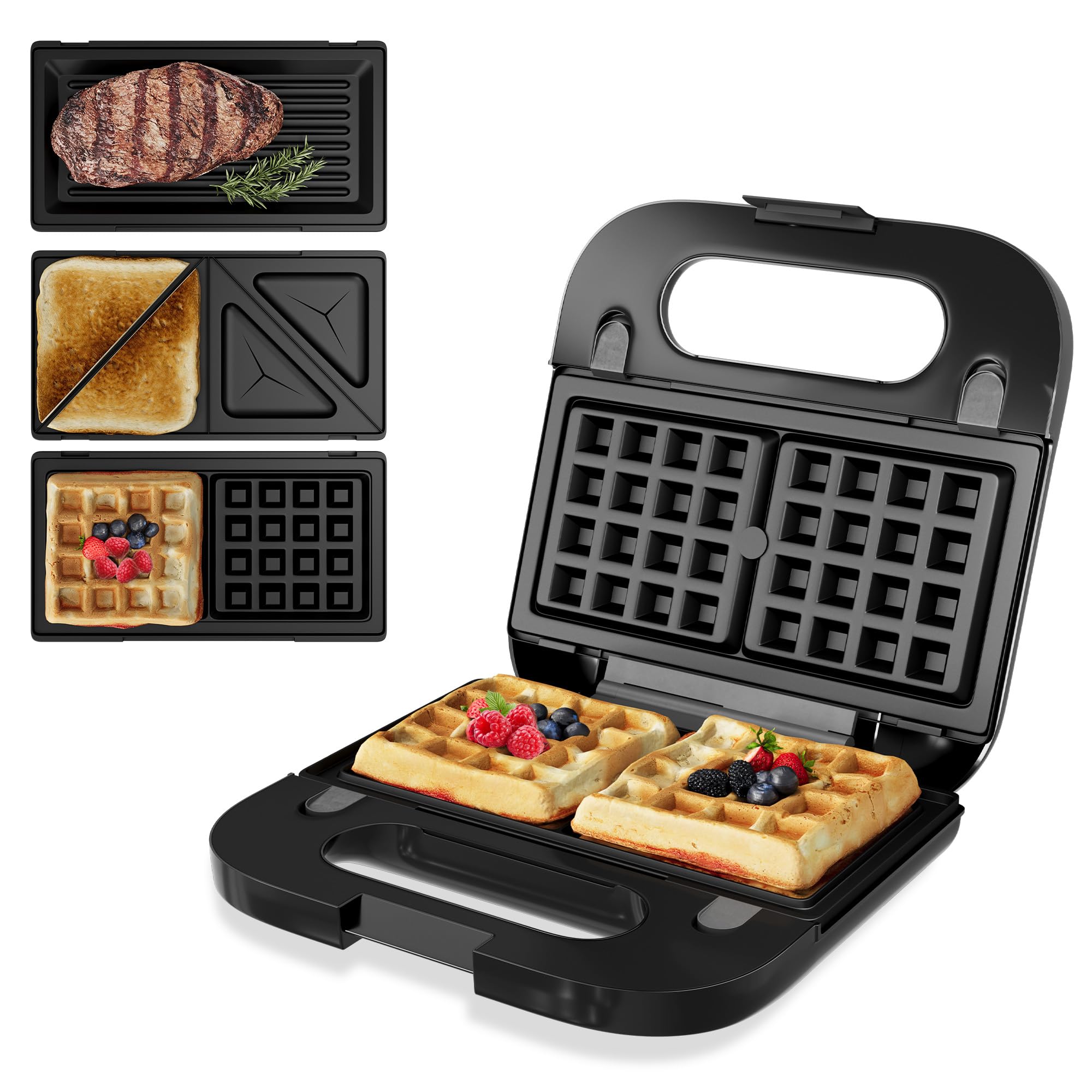 Sunvivi 3-in-1 Waffle Iron, Electric Sandwich Maker and Panini Press Grill, Non-Stick Removable Plates, Black