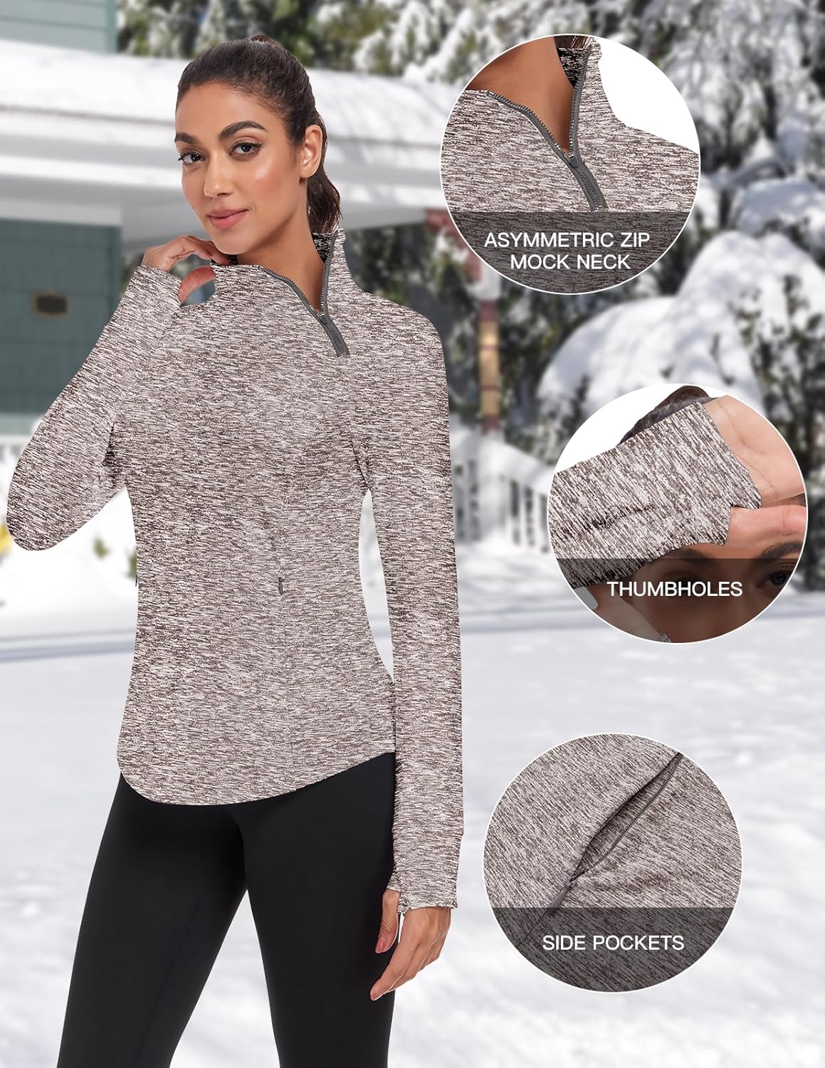 WOWENY Women's Fleece Sweatshirts Zip Mock Neck Long Sleeve Sweatshirt Ski Hiking Pullover Thermal Jacket with Thumb Hole - Image 4