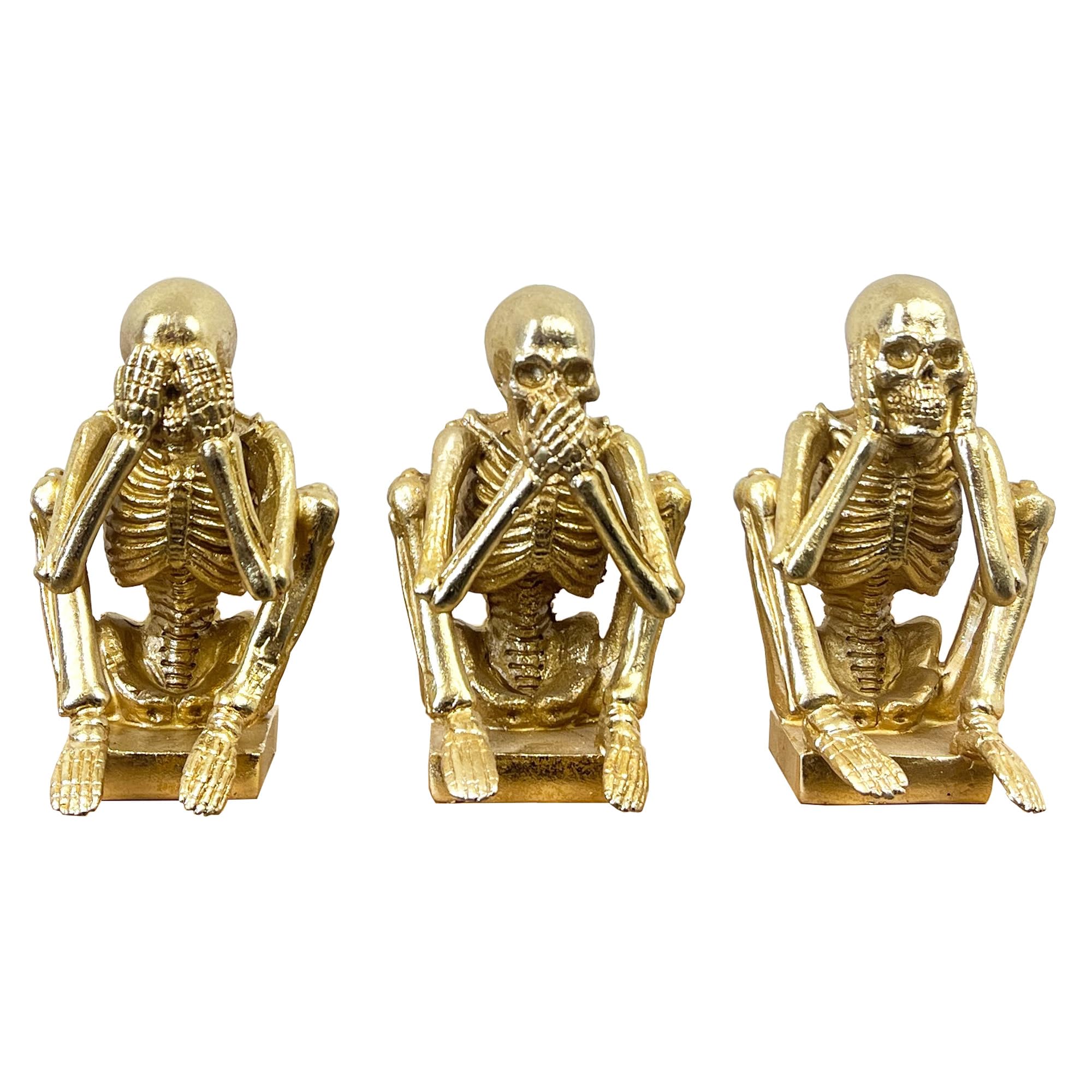 Alfie Francis Gold Set Of 3 Skeleton Ornaments Figurines See Hear Speak No Evil 3 Wise Skull Gothic Decor