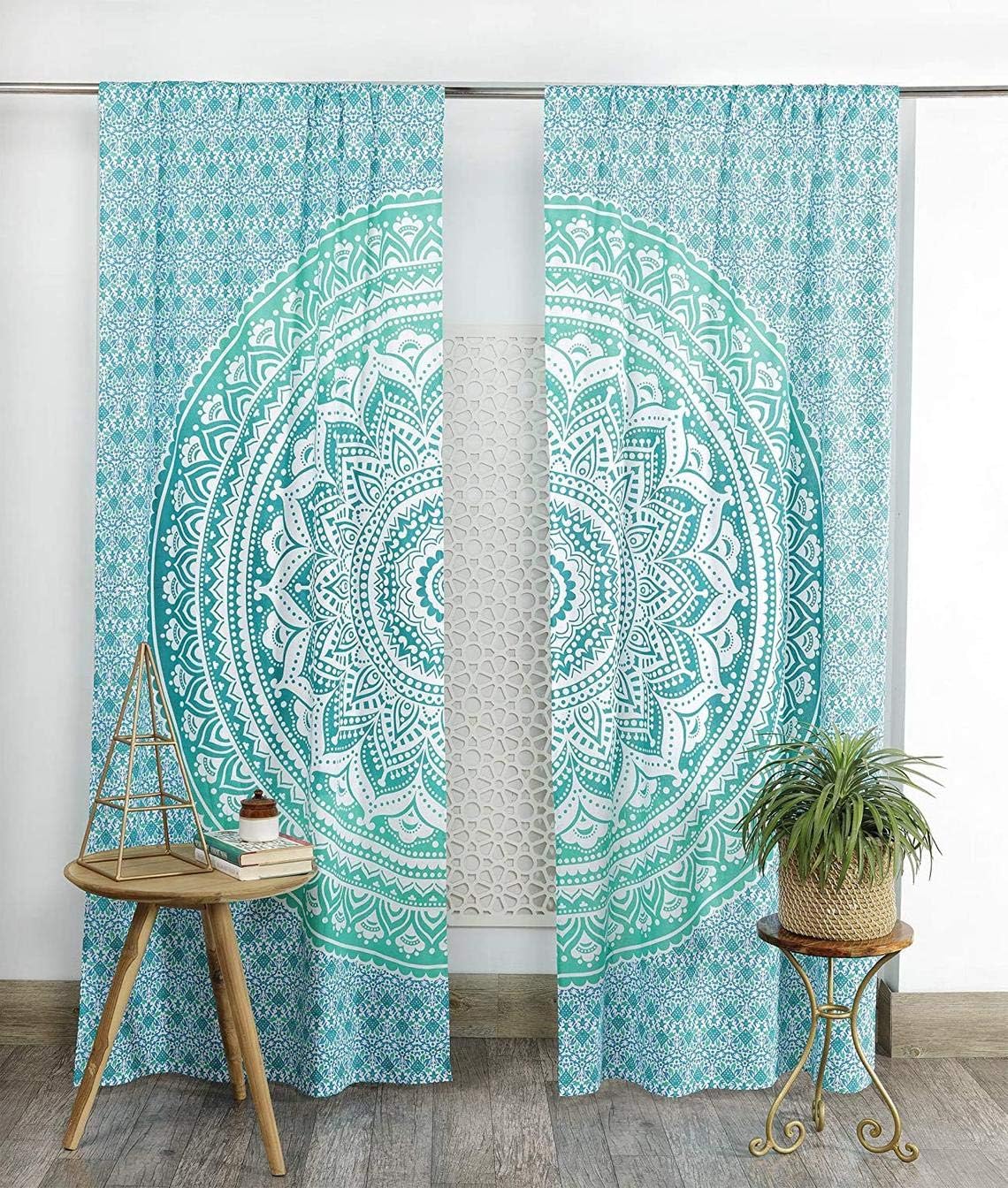 KRATI EXPORTS Bohemian Beautiful Ombre Color Mandala Curtain Panels (Green)