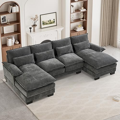 U Shape Cloud Couch Sectional Sofa for Living Room, 110" Modern Chenille Comfy Cloud Sofa, 4 Seat Upholstered Sectional Couches with Memory Foam & Double Chaise, Dark Grey