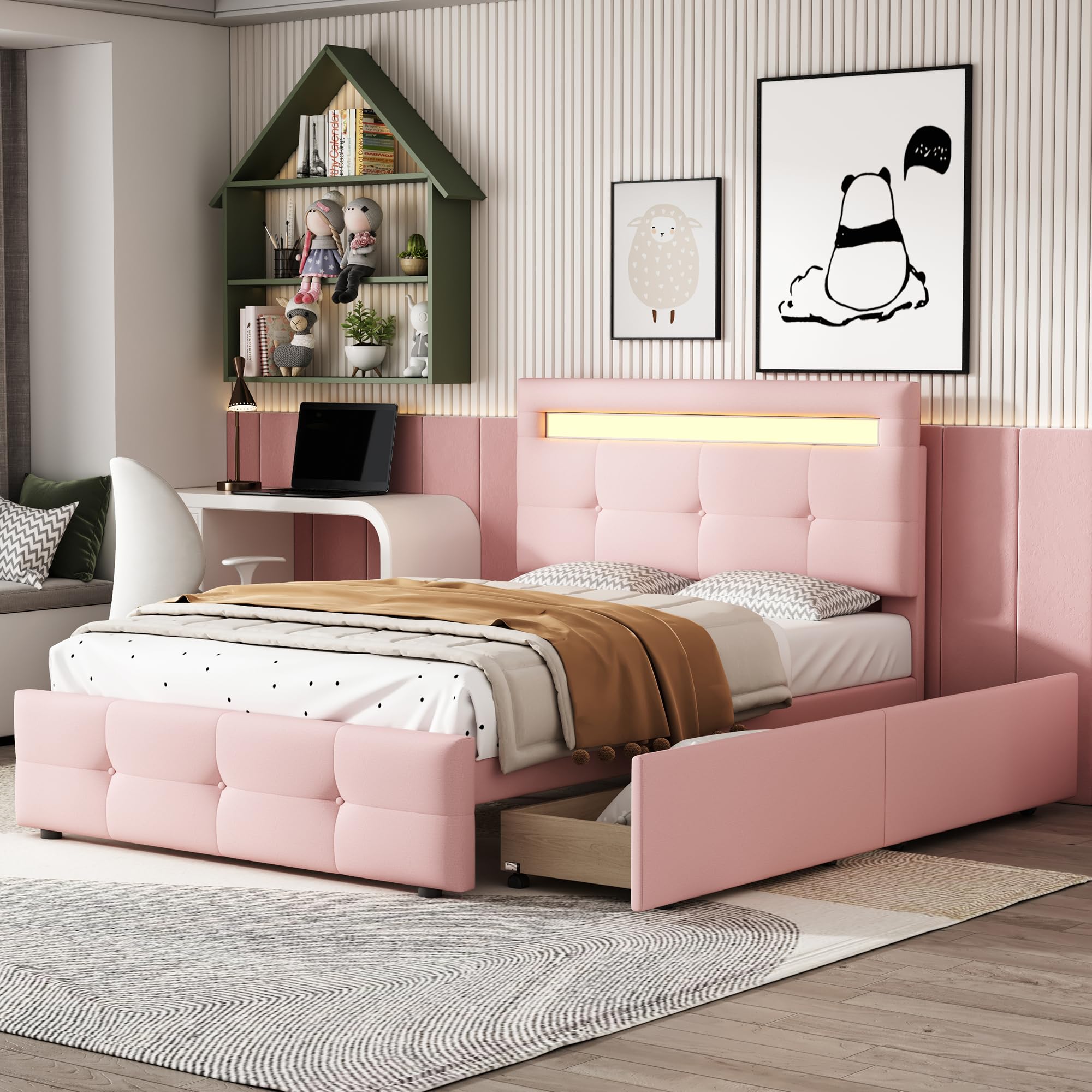 letto imbottito 90x200 cm Rosa con testiera regolabile e due cassetti letto singolo con doghe struttura letto bassa per camera per adolescenti e stanza ospiti in casa