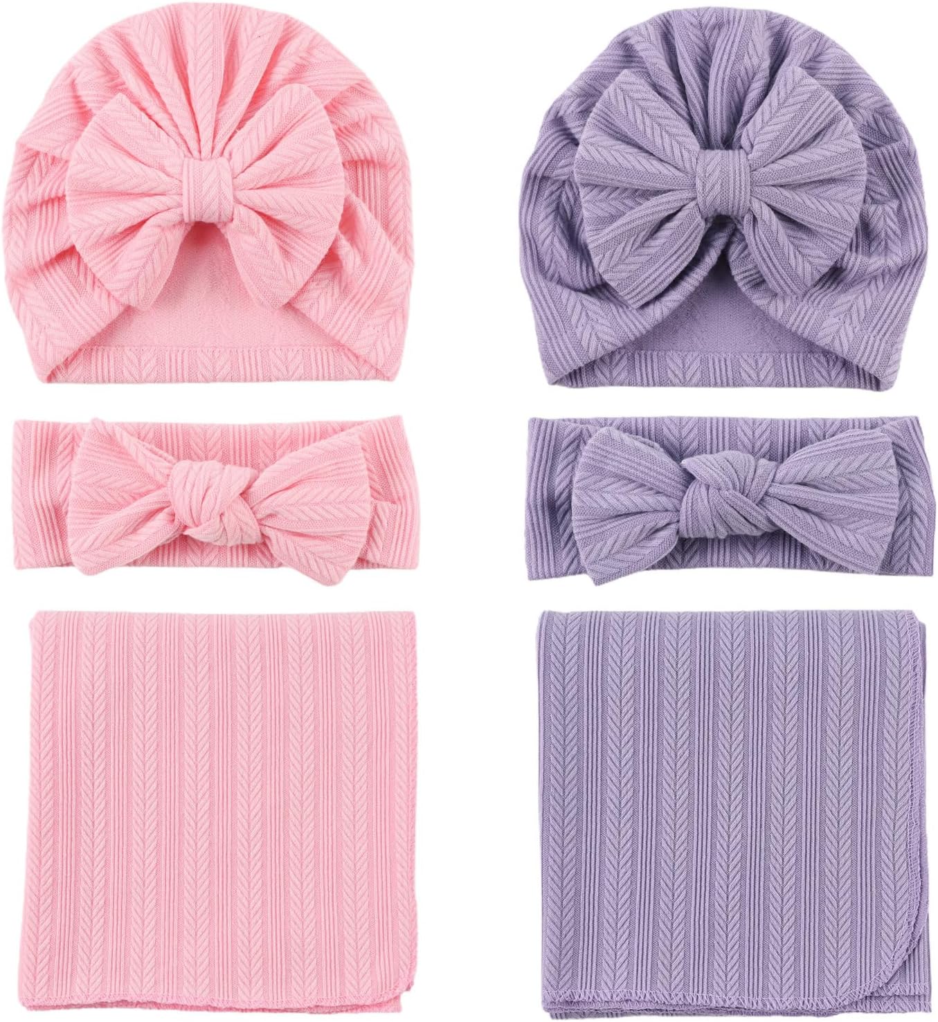 OMUKY Newborn Receiving Blanket Bow Headband and Beanie Set Baby Swaddle Receiving Blankets Baby Boy Girls Nursery Swaddle Wrap(Light Pink+Purple)