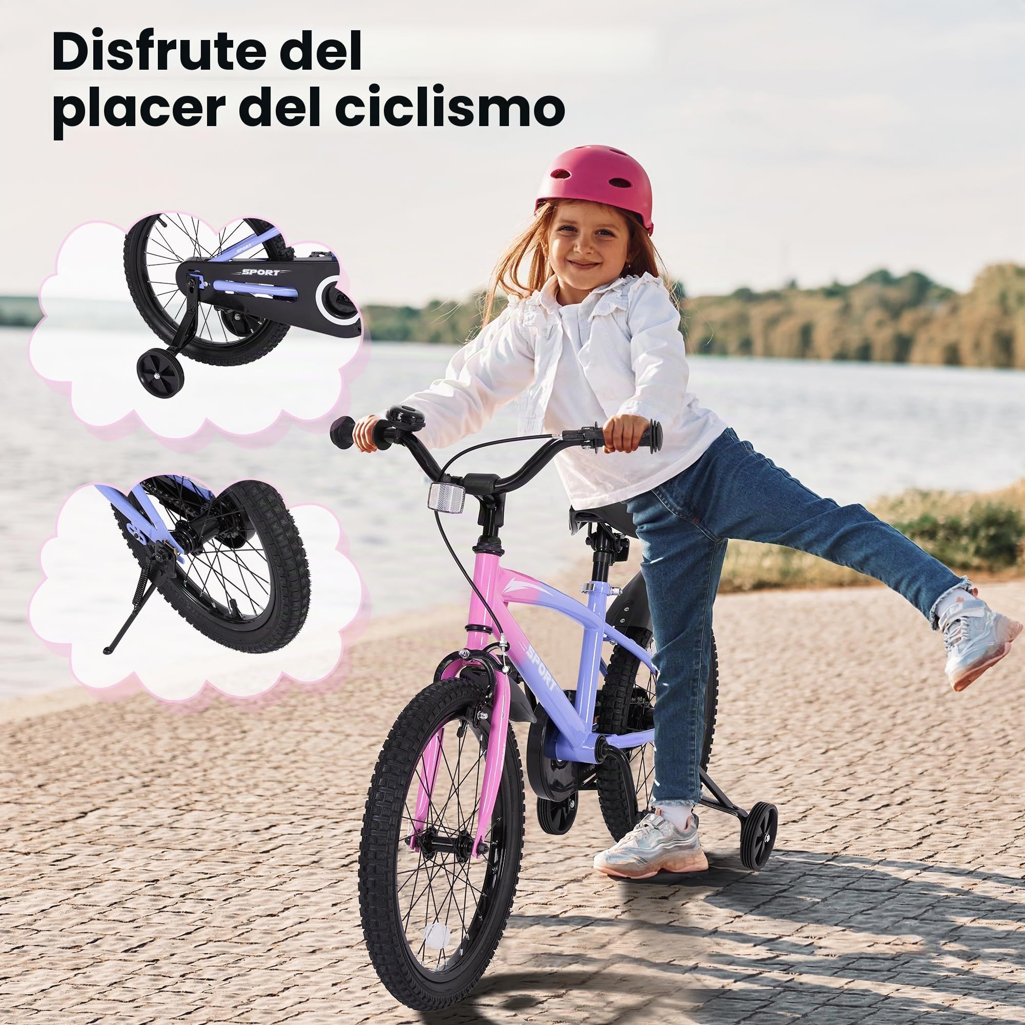 BODIOO Bicicleta infantil de 16 pulgadas para niños y niñas con asiento ajustable, ruedas estabilizadoras, freno de mano, freno de contrapedal y marco estable para ciclistas de 104 a 117 cm (morado