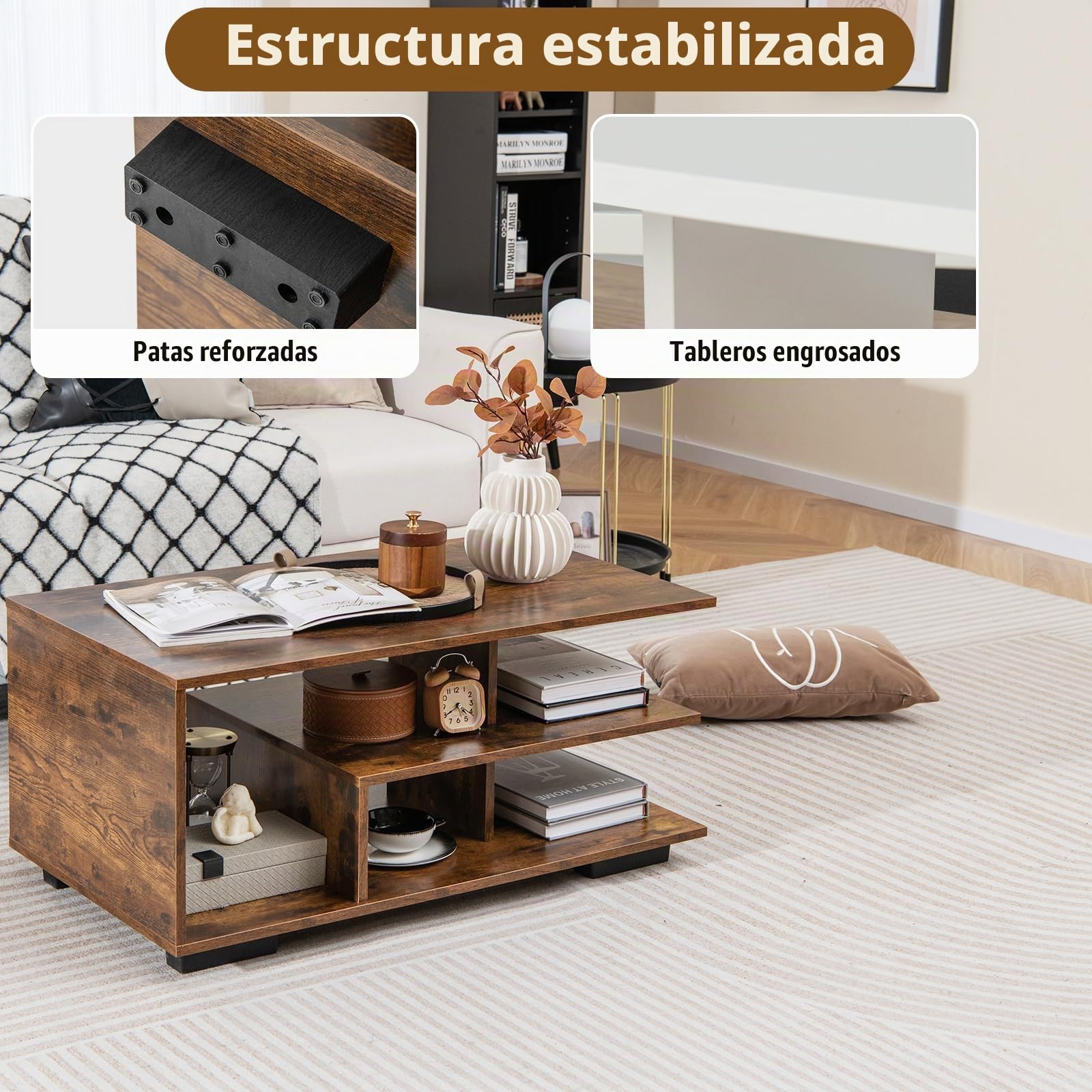 LIFEZEAL Mesa Centro de salón, Mesa Baja de sofá con 3 estantes, con 5 Compartimentos, Mesa de café de 3 Niveles para salón, Oficina, 90x50x42cm (Marrón)