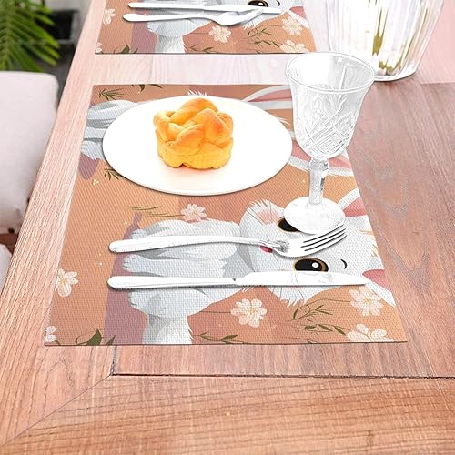 Miniatura 3 de 6 PCS PVC Placemats Set Place Mats Cute White Bunnies Non-Slip Weave Place Mats 12" x 18" Farmhouse Table Mat Set for Family Dinners Wedding Parties