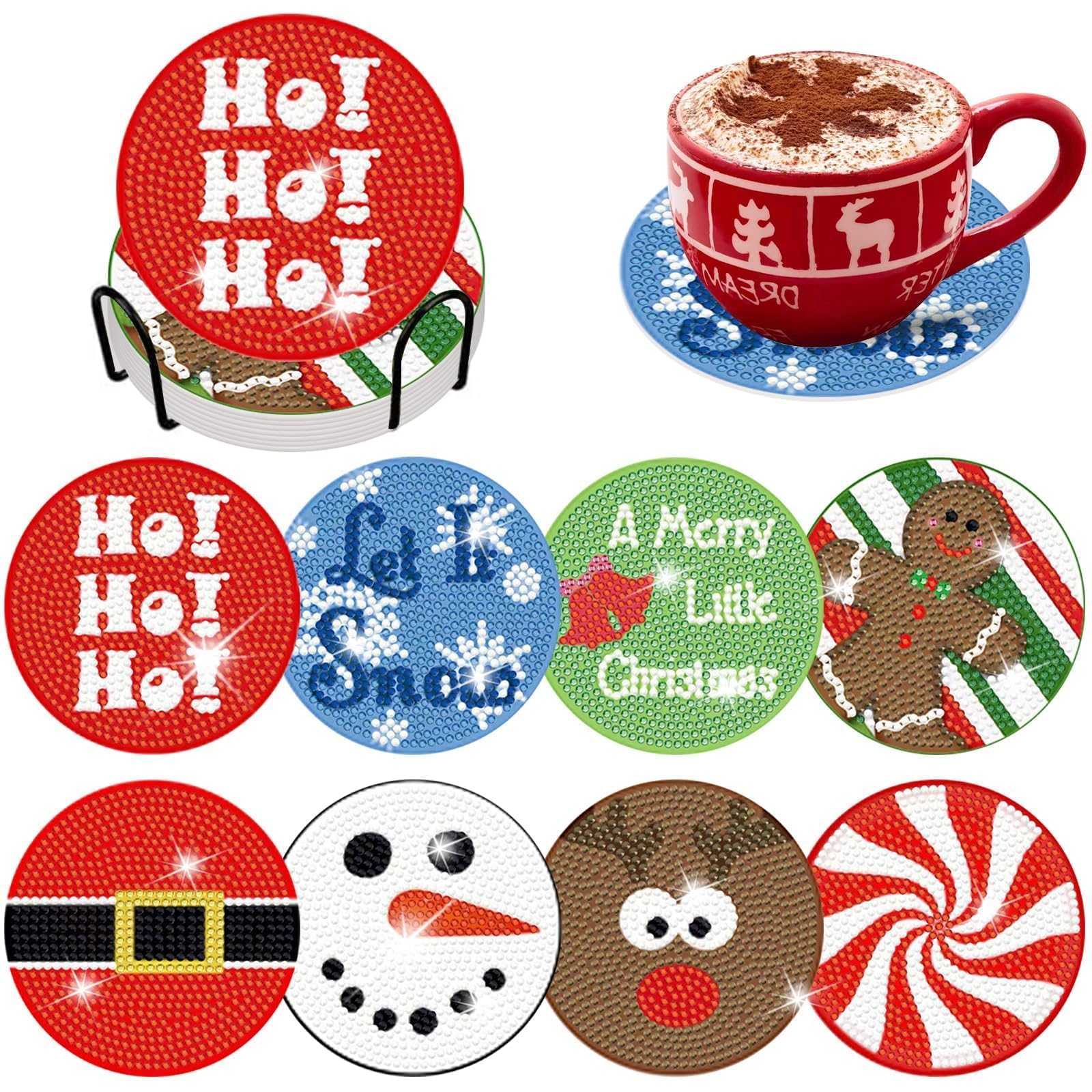 Denylo pro 8 Pcs Christmas Diamond Art Coasters Kits with Holder DIY Christmas Candy Santa Diamond Art Coaster Non Slip Coaster for Adults Xmas Holiday Diamond Kits Supplies for Christmas Gift — image 1