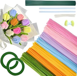 Pipe Cleaner Flowers 400 pcs Chenille Stems, Bulk colored pipe cleaners for DIY arts and Craft Supplies, with Green Floral Tape, Stamens and Flower Stems, color