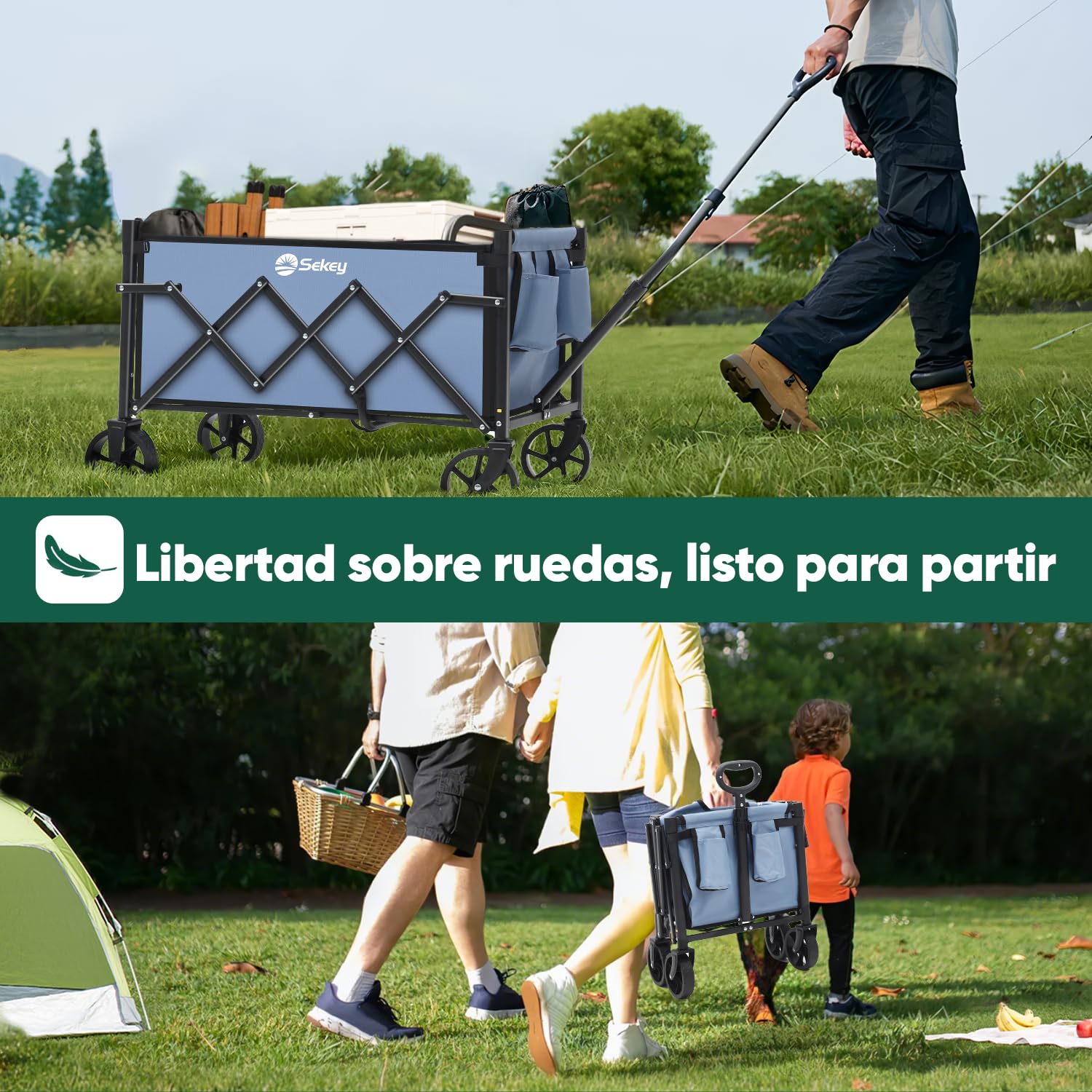 Sekey Carro Plegable 60L Carga/80KG Capacidad, Carrito Playa y Mango Ajustable，Compacto Ligero para Supermercado/Acampada Mini 4029, Azul